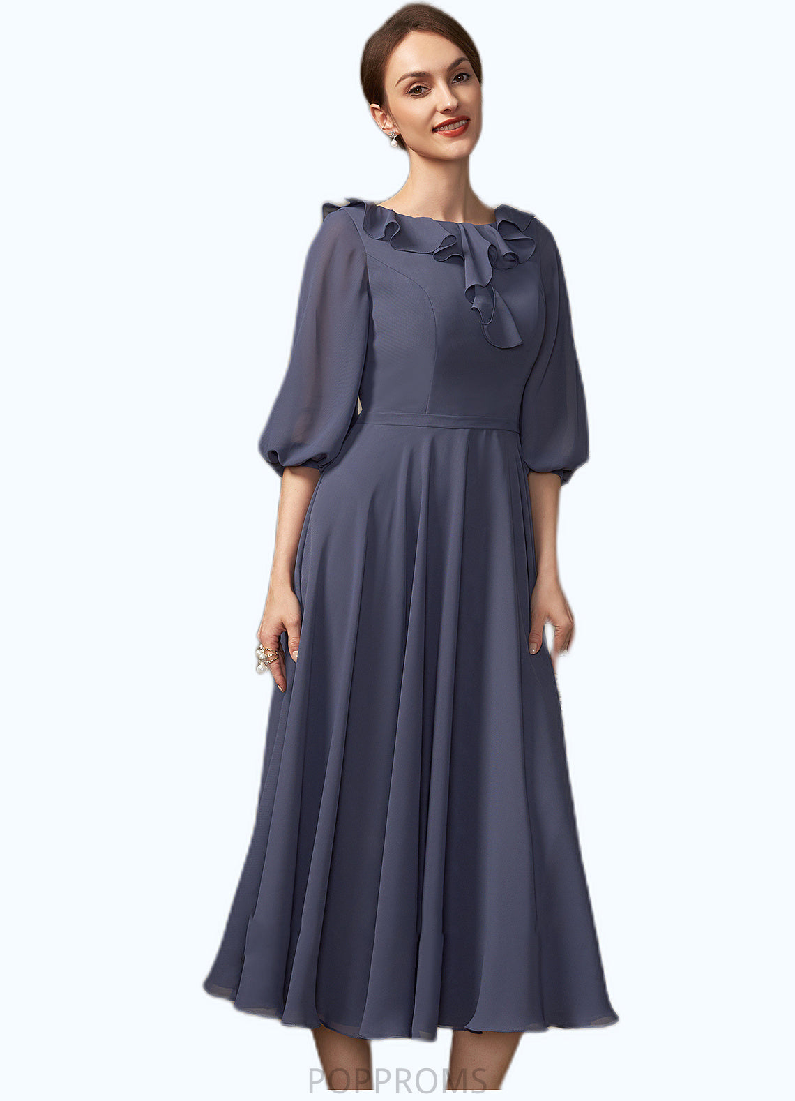 Leah A-Line Scoop Neck Tea-Length Chiffon Mother of the Bride Dress With Cascading Ruffles PP6126P0014920