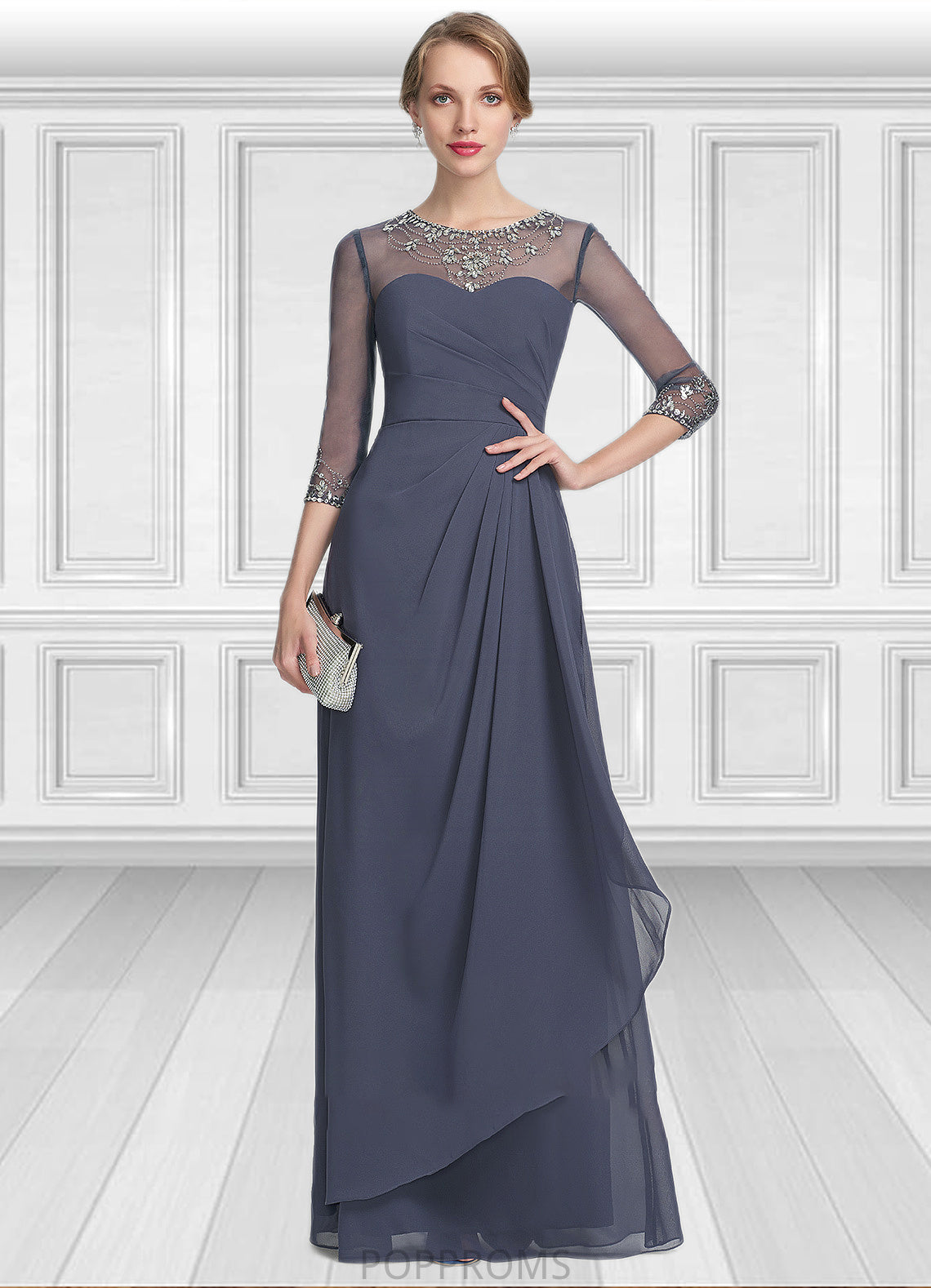 Eleanor A-Line Scoop Neck Floor-Length Chiffon Mother of the Bride Dress With Beading Sequins Cascading Ruffles PP6126P0014921