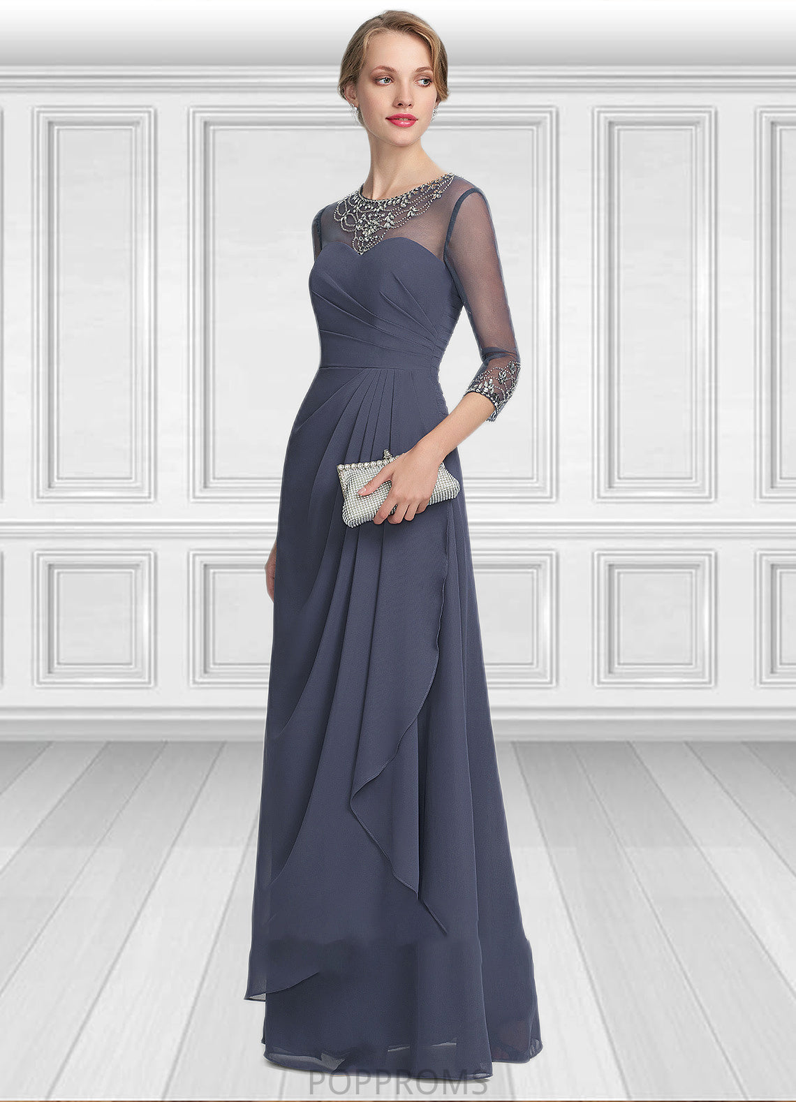 Eleanor A-Line Scoop Neck Floor-Length Chiffon Mother of the Bride Dress With Beading Sequins Cascading Ruffles PP6126P0014921