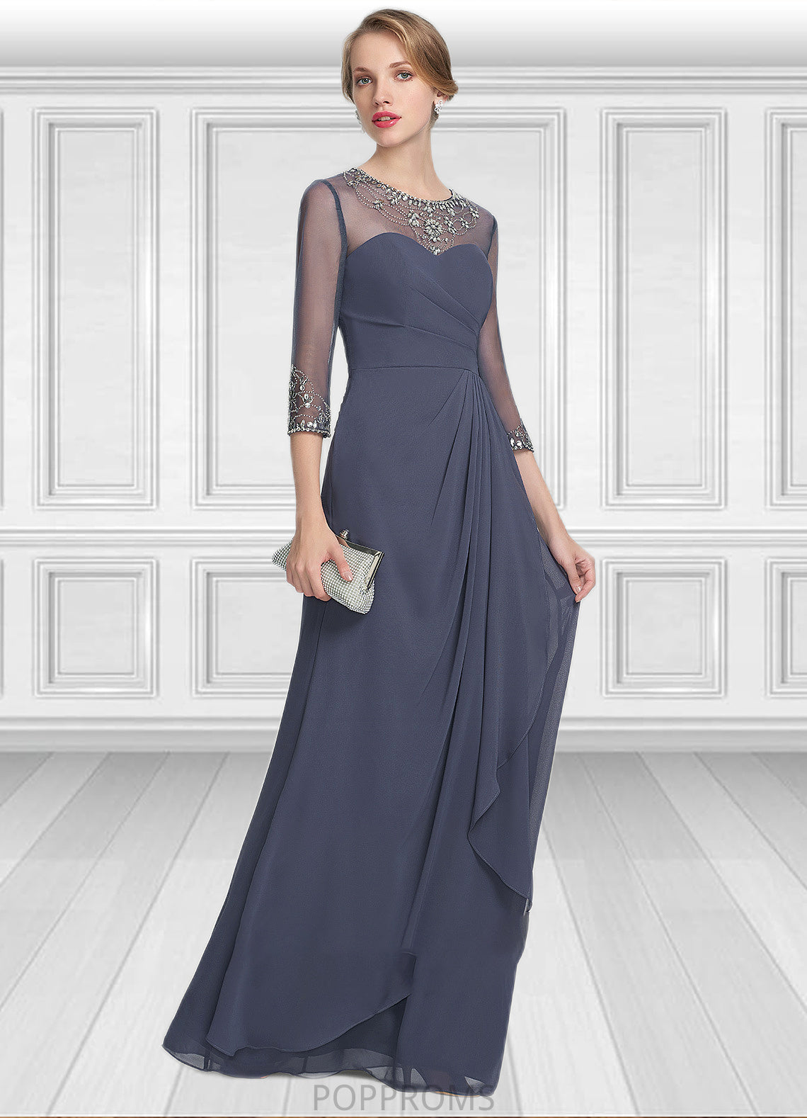 Eleanor A-Line Scoop Neck Floor-Length Chiffon Mother of the Bride Dress With Beading Sequins Cascading Ruffles PP6126P0014921