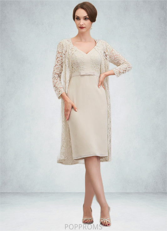 Azul Sheath/Column V-neck Knee-Length Chiffon Lace Mother of the Bride Dress With Bow(s) PP6126P0014924