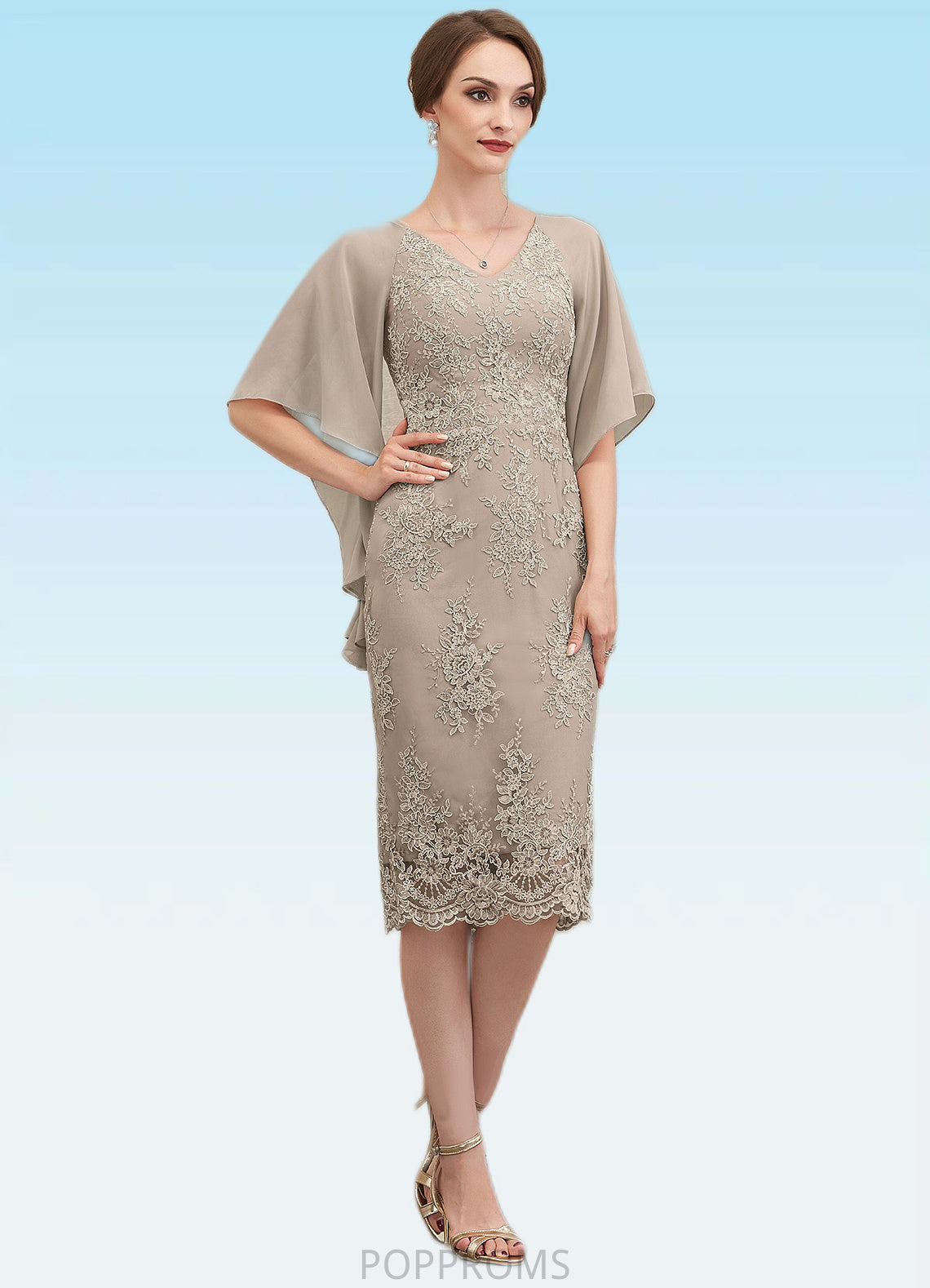 Madalynn Sheath/Column V-neck Knee-Length Chiffon Lace Mother of the Bride Dress With Cascading Ruffles PP6126P0014925