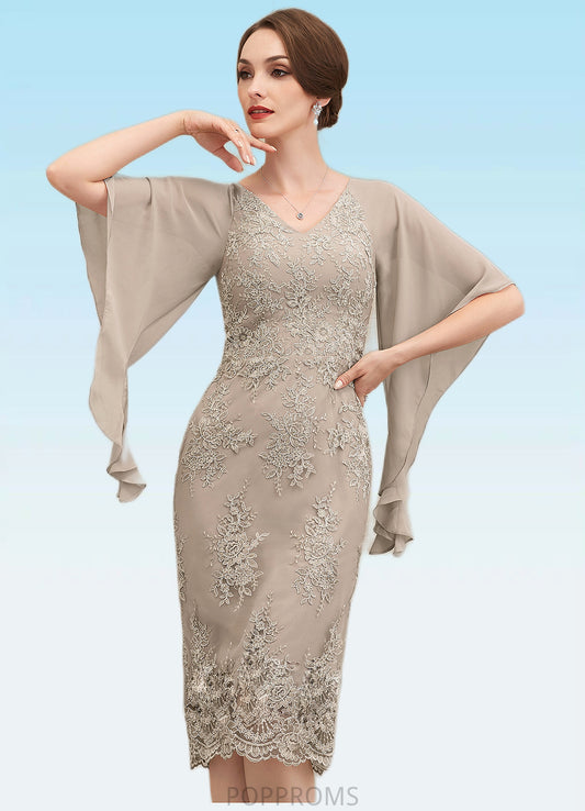 Madalynn Sheath/Column V-neck Knee-Length Chiffon Lace Mother of the Bride Dress With Cascading Ruffles PP6126P0014925