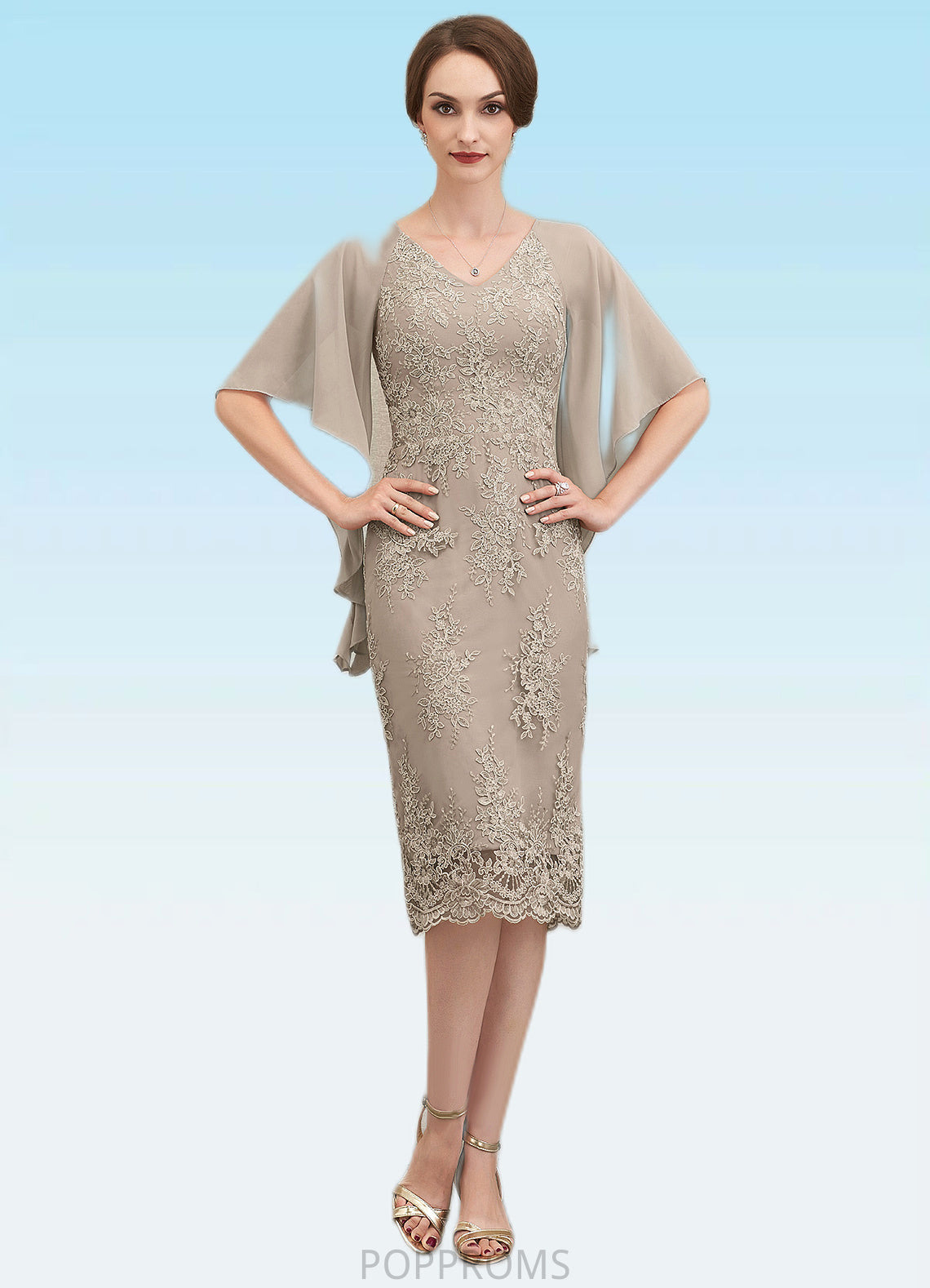 Madalynn Sheath/Column V-neck Knee-Length Chiffon Lace Mother of the Bride Dress With Cascading Ruffles PP6126P0014925