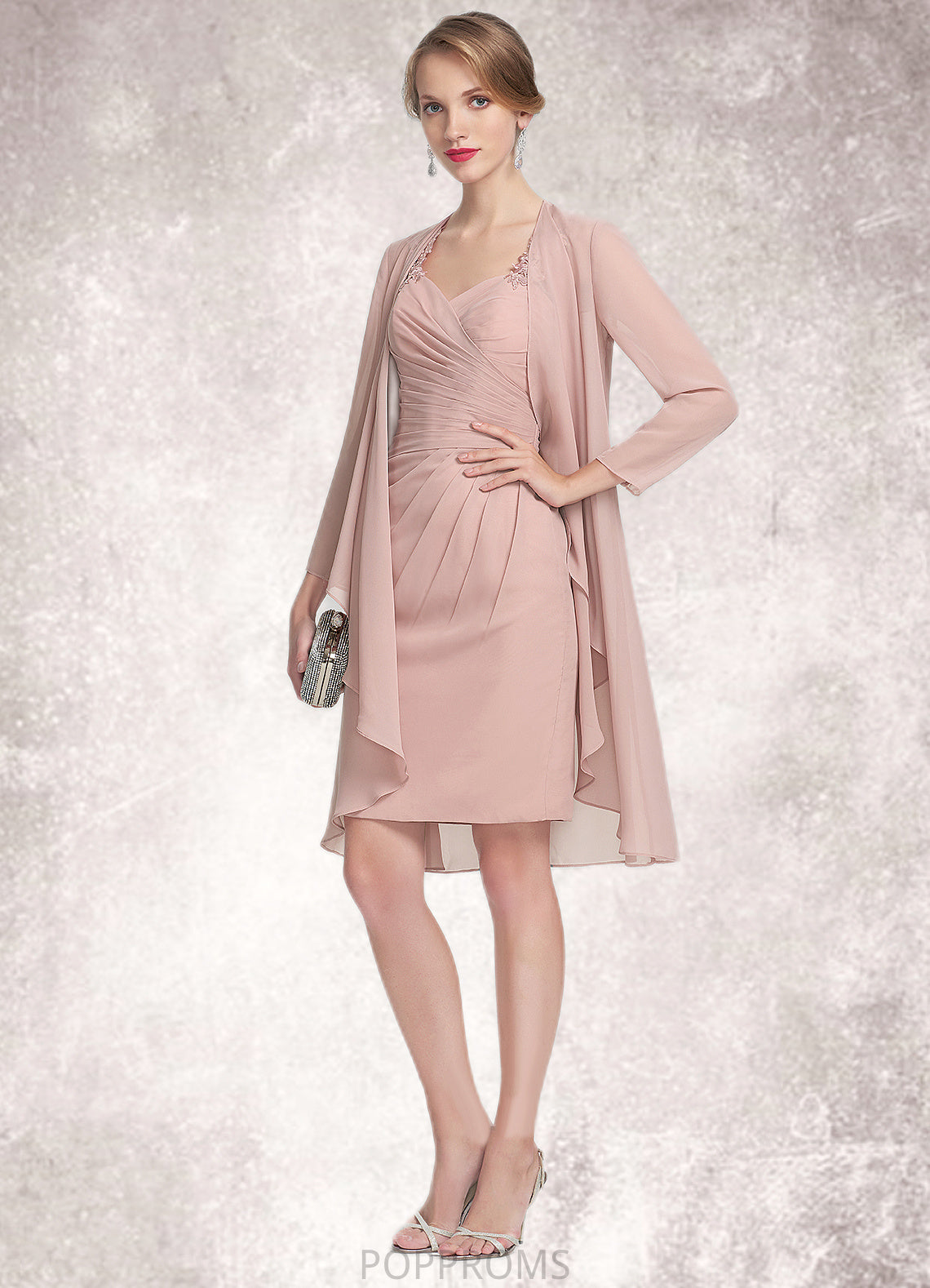 Stella Sheath/Column Sweetheart Knee-Length Chiffon Mother of the Bride Dress With Ruffle Lace PP6126P0014929