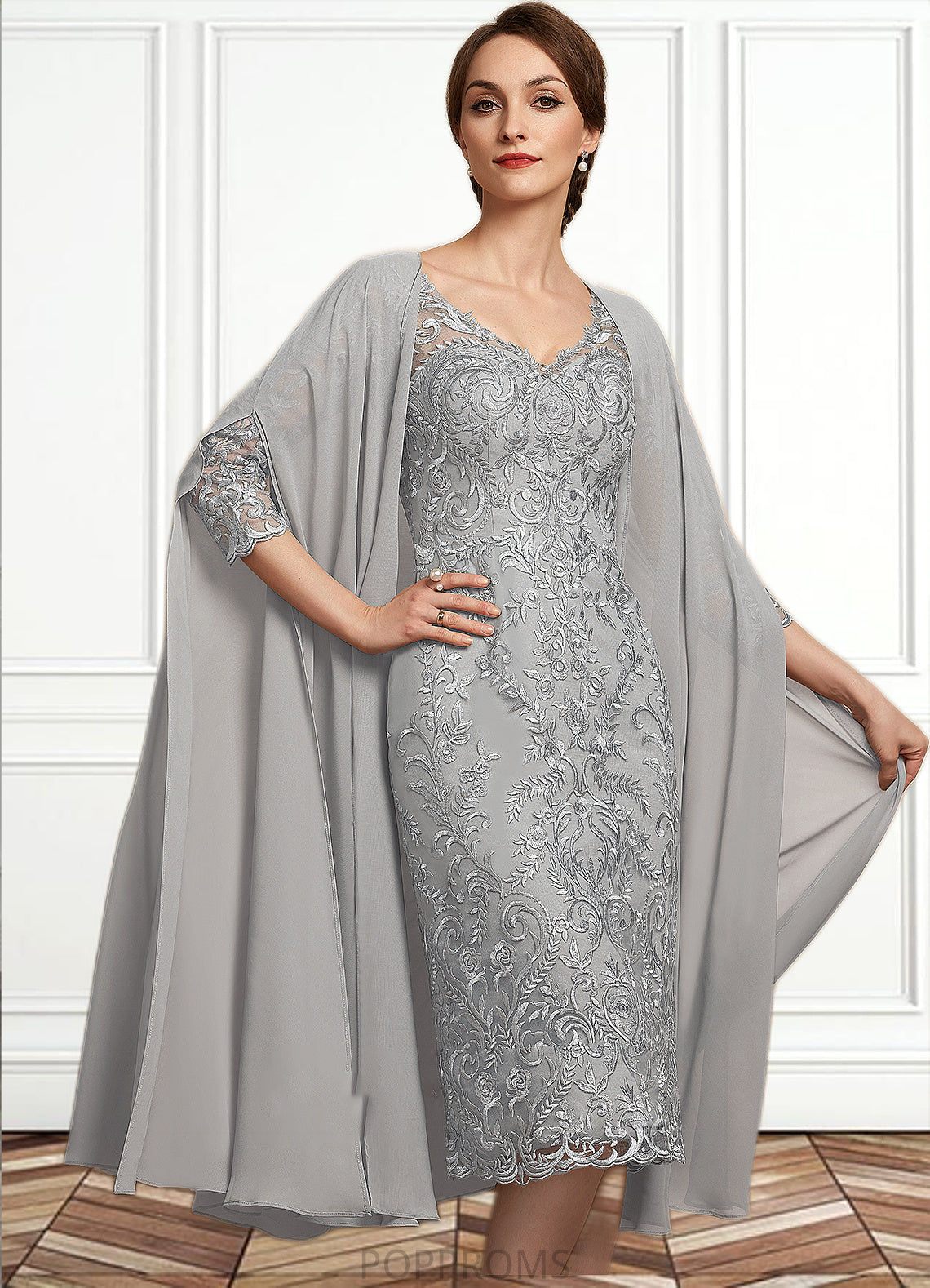 Madeline Sheath/Column V-neck Knee-Length Lace Mother of the Bride Dress PP6126P0014931