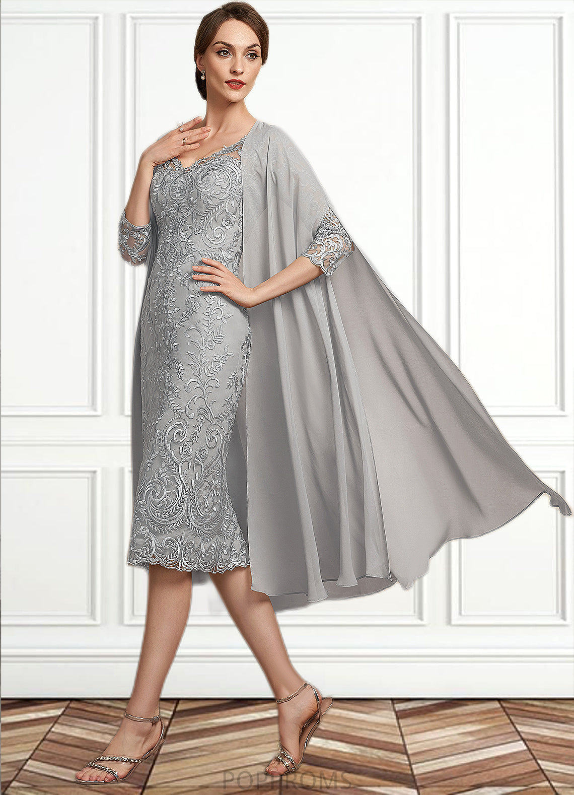 Madeline Sheath/Column V-neck Knee-Length Lace Mother of the Bride Dress PP6126P0014931