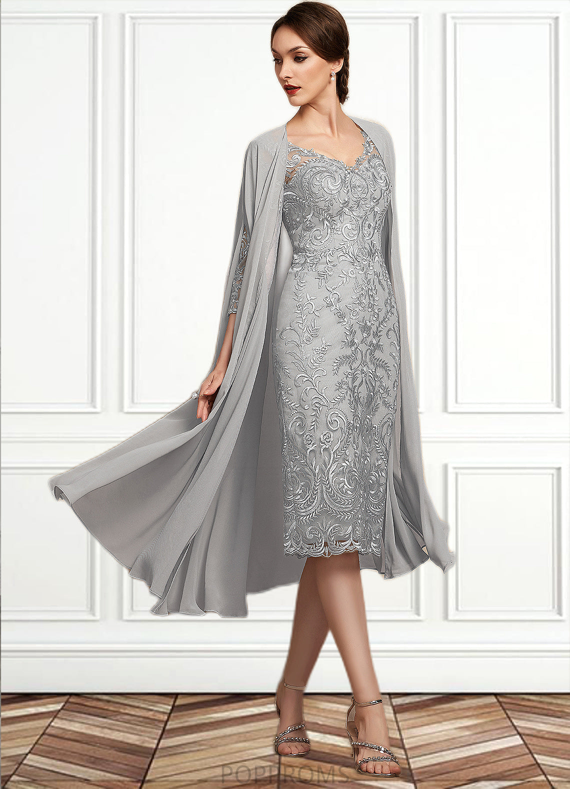 Madeline Sheath/Column V-neck Knee-Length Lace Mother of the Bride Dress PP6126P0014931