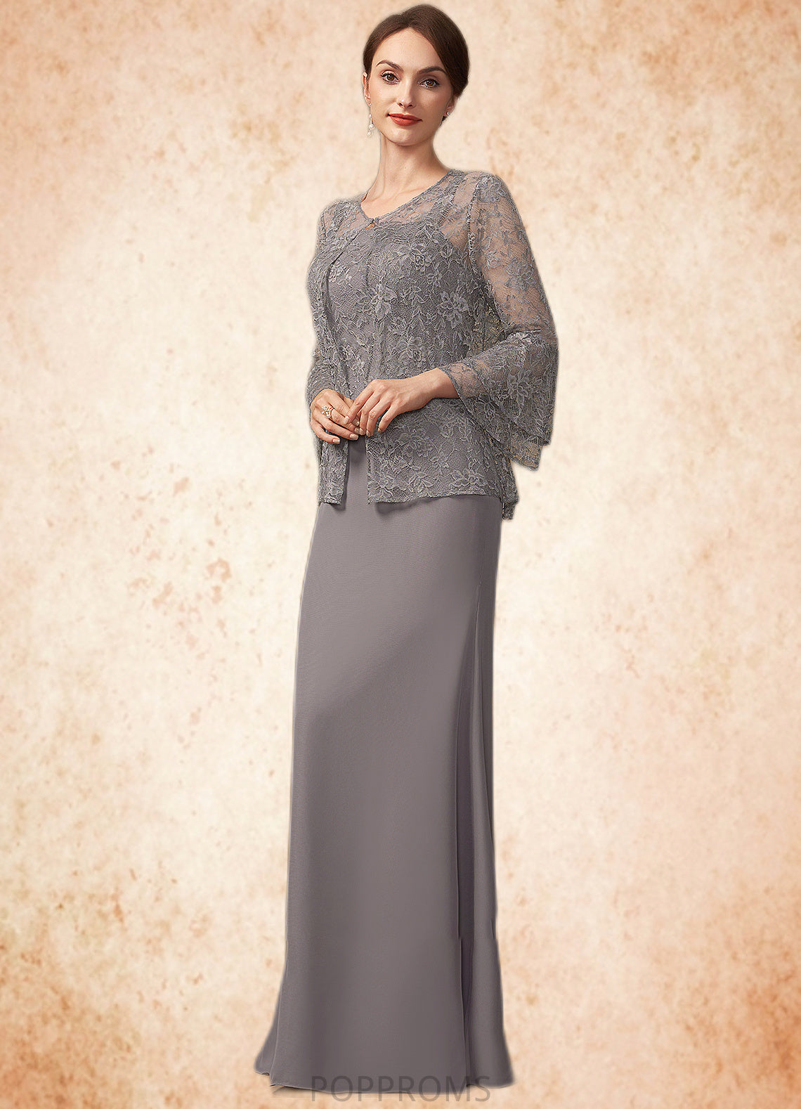 Kenzie Sheath/Column Square Neckline Floor-Length Chiffon Lace Mother of the Bride Dress PP6126P0014936