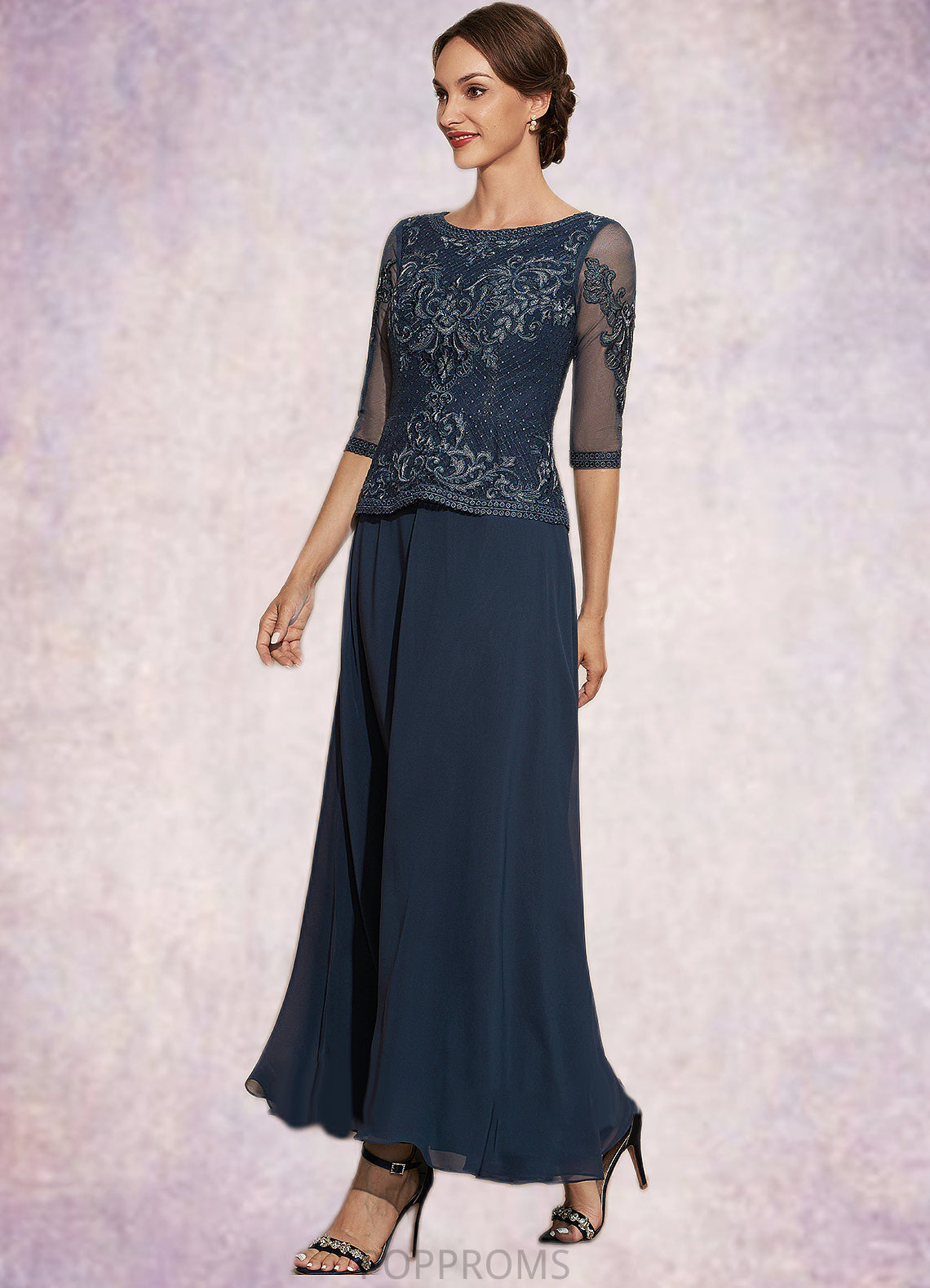 Kiera A-Line Scoop Neck Ankle-Length Chiffon Lace Mother of the Bride Dress PP6126P0014942