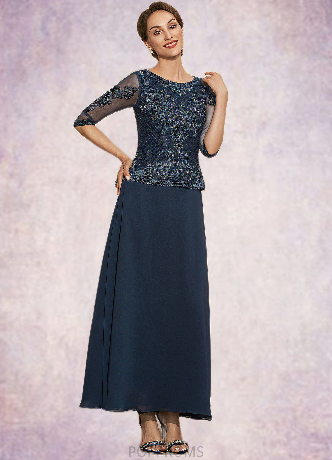 Kiera A-Line Scoop Neck Ankle-Length Chiffon Lace Mother of the Bride Dress PP6126P0014942