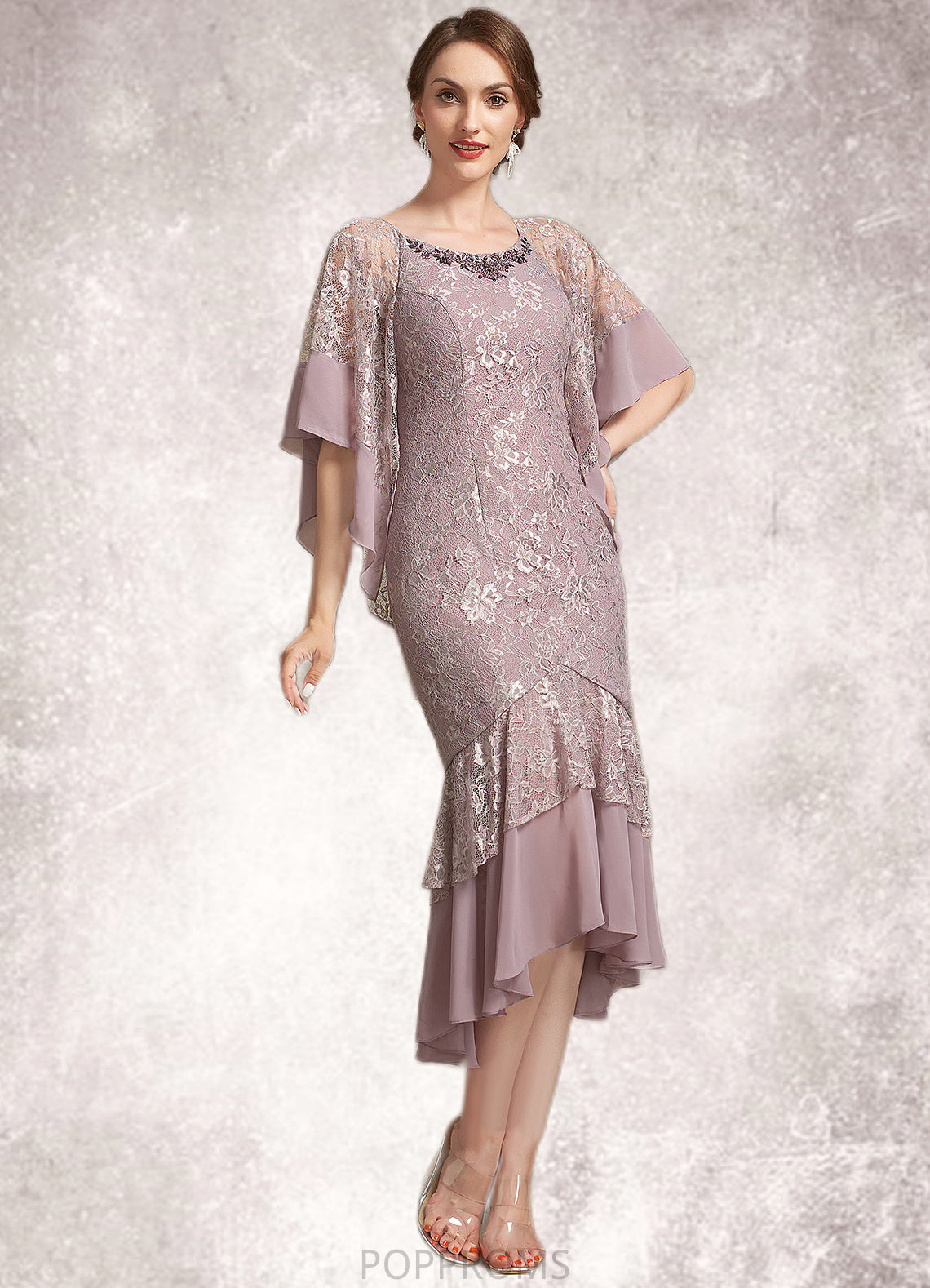 Bella Trumpet/Mermaid Scoop Neck Asymmetrical Chiffon Lace Mother of the Bride Dress PP6126P0014945