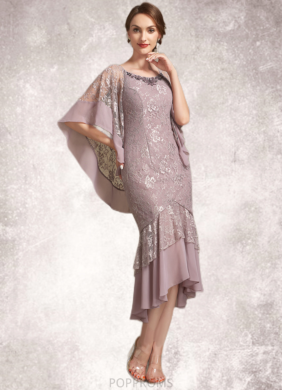 Bella Trumpet/Mermaid Scoop Neck Asymmetrical Chiffon Lace Mother of the Bride Dress PP6126P0014945