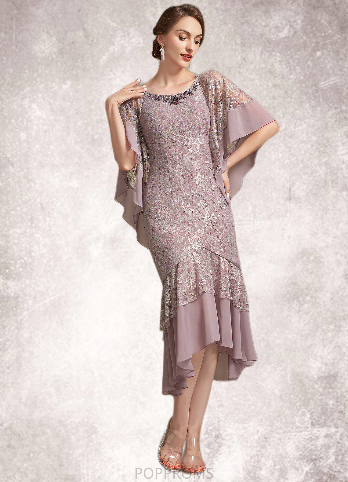 Bella Trumpet/Mermaid Scoop Neck Asymmetrical Chiffon Lace Mother of the Bride Dress PP6126P0014945