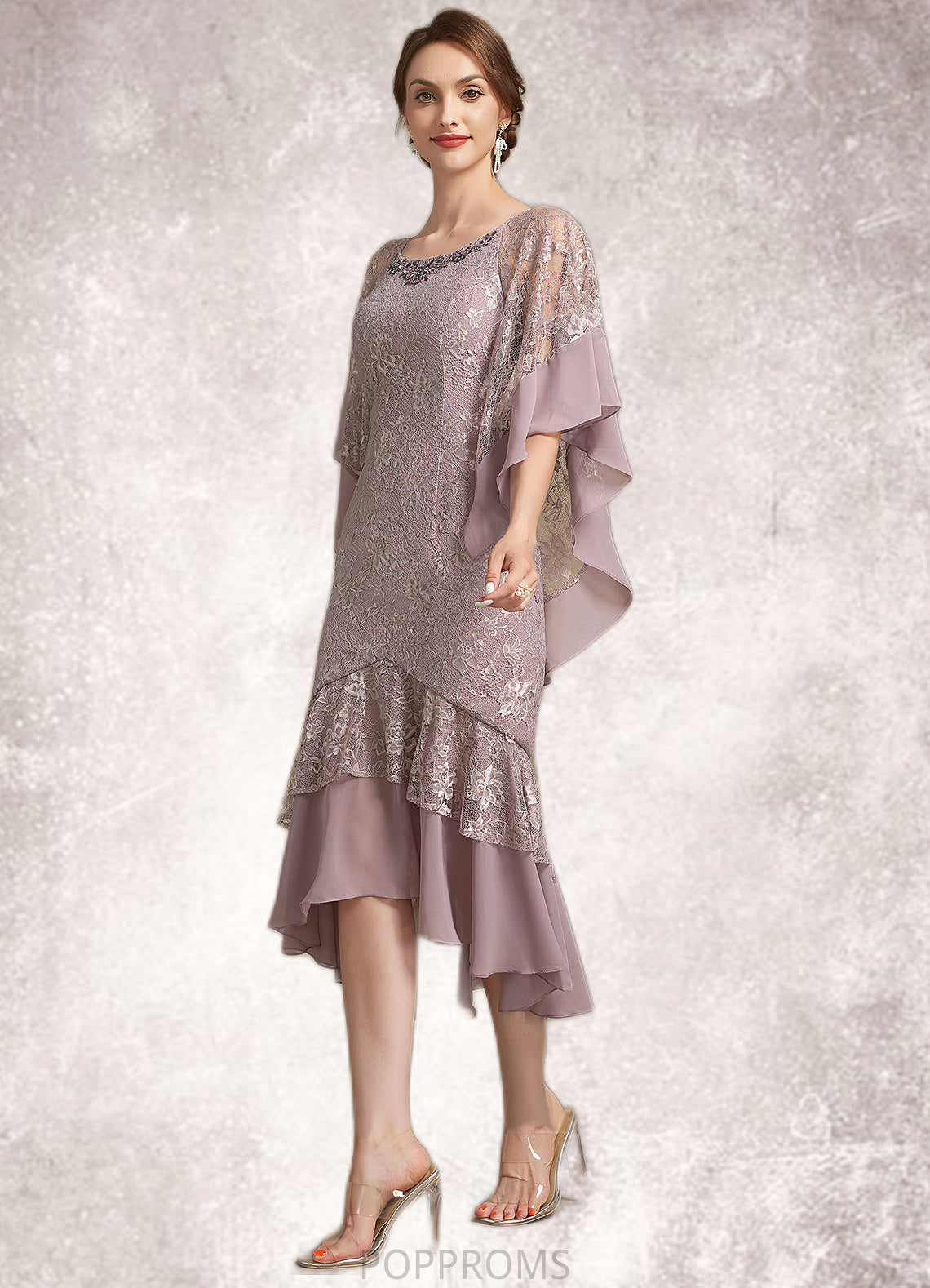 Bella Trumpet/Mermaid Scoop Neck Asymmetrical Chiffon Lace Mother of the Bride Dress PP6126P0014945