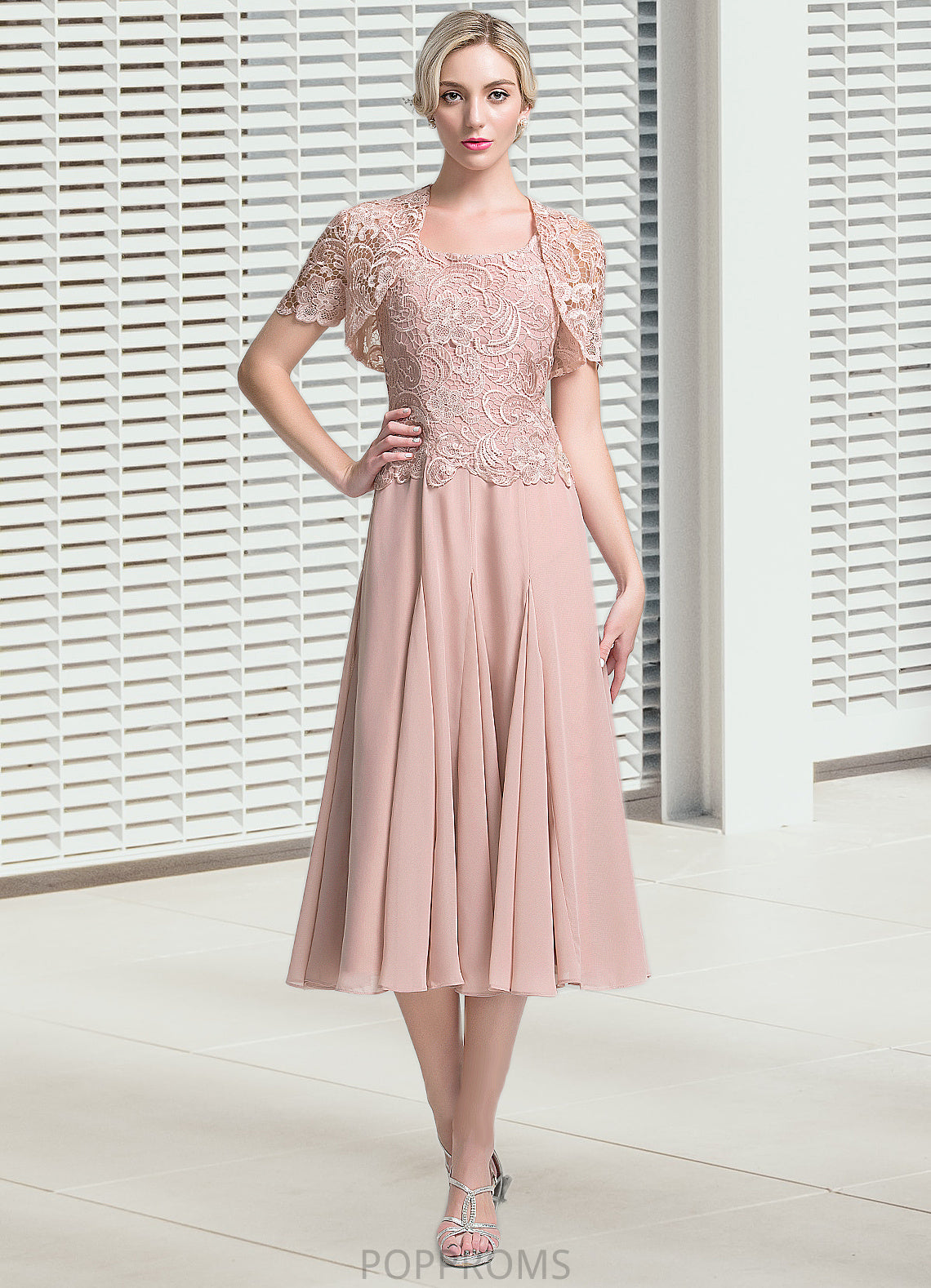 Maya A-Line Square Neckline Tea-Length Chiffon Mother of the Bride Dress PP6126P0014947