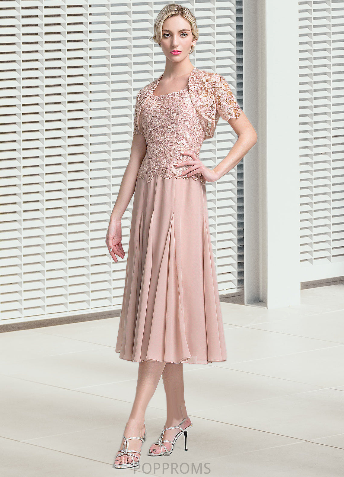 Maya A-Line Square Neckline Tea-Length Chiffon Mother of the Bride Dress PP6126P0014947