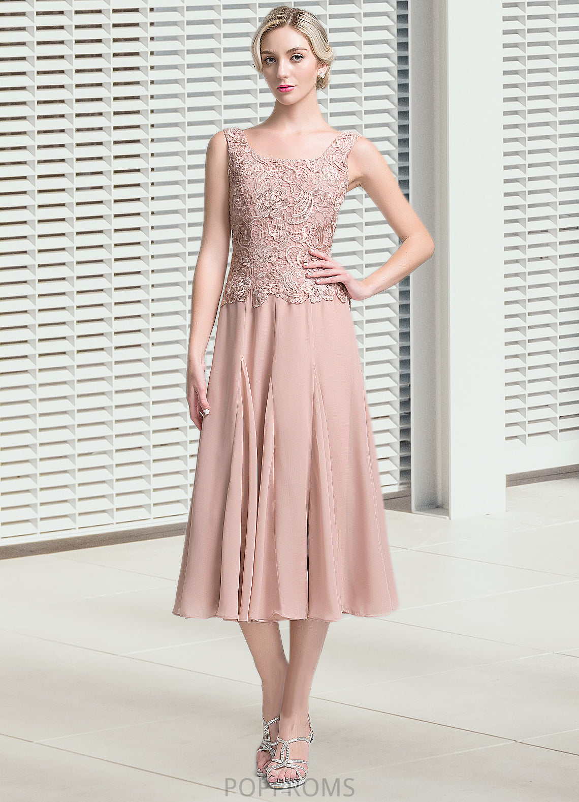 Maya A-Line Square Neckline Tea-Length Chiffon Mother of the Bride Dress PP6126P0014947