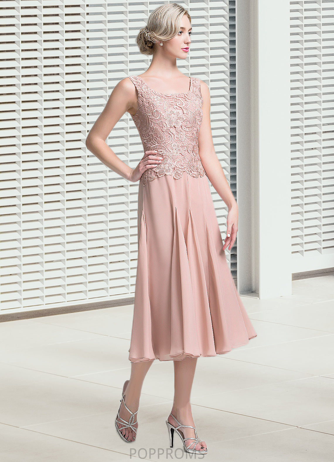 Maya A-Line Square Neckline Tea-Length Chiffon Mother of the Bride Dress PP6126P0014947