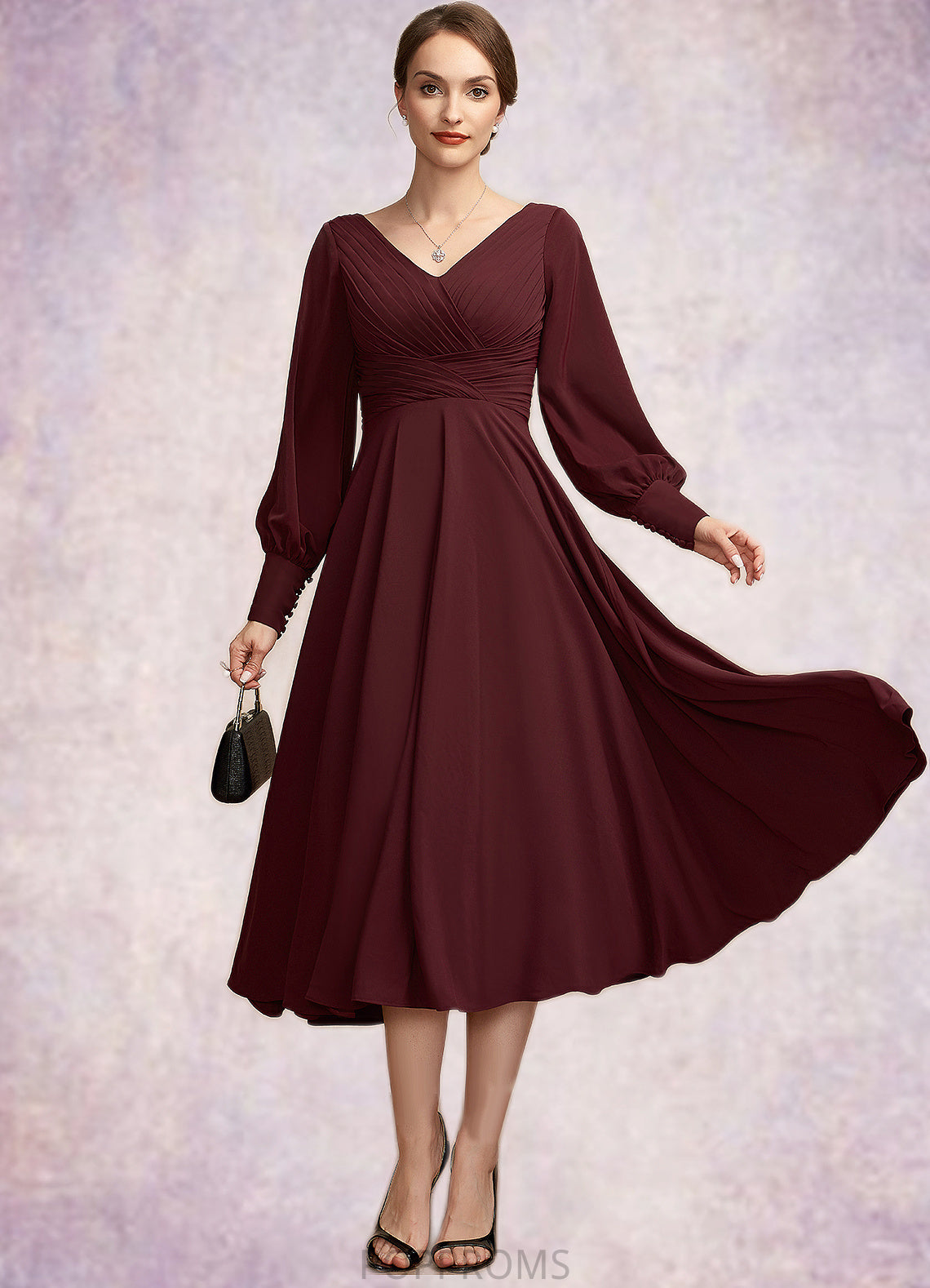 Vera A-Line V-neck Tea-Length Mother of the Bride Dress With Ruffle PP6126P0014948