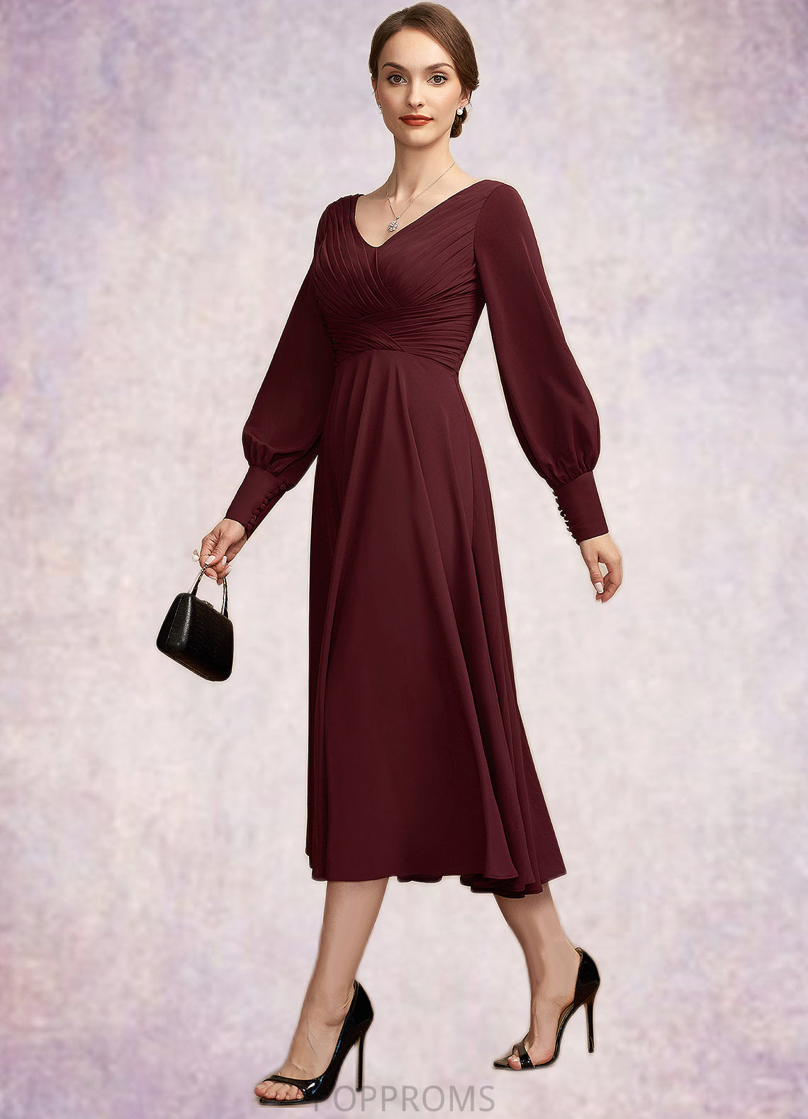 Vera A-Line V-neck Tea-Length Mother of the Bride Dress With Ruffle PP6126P0014948