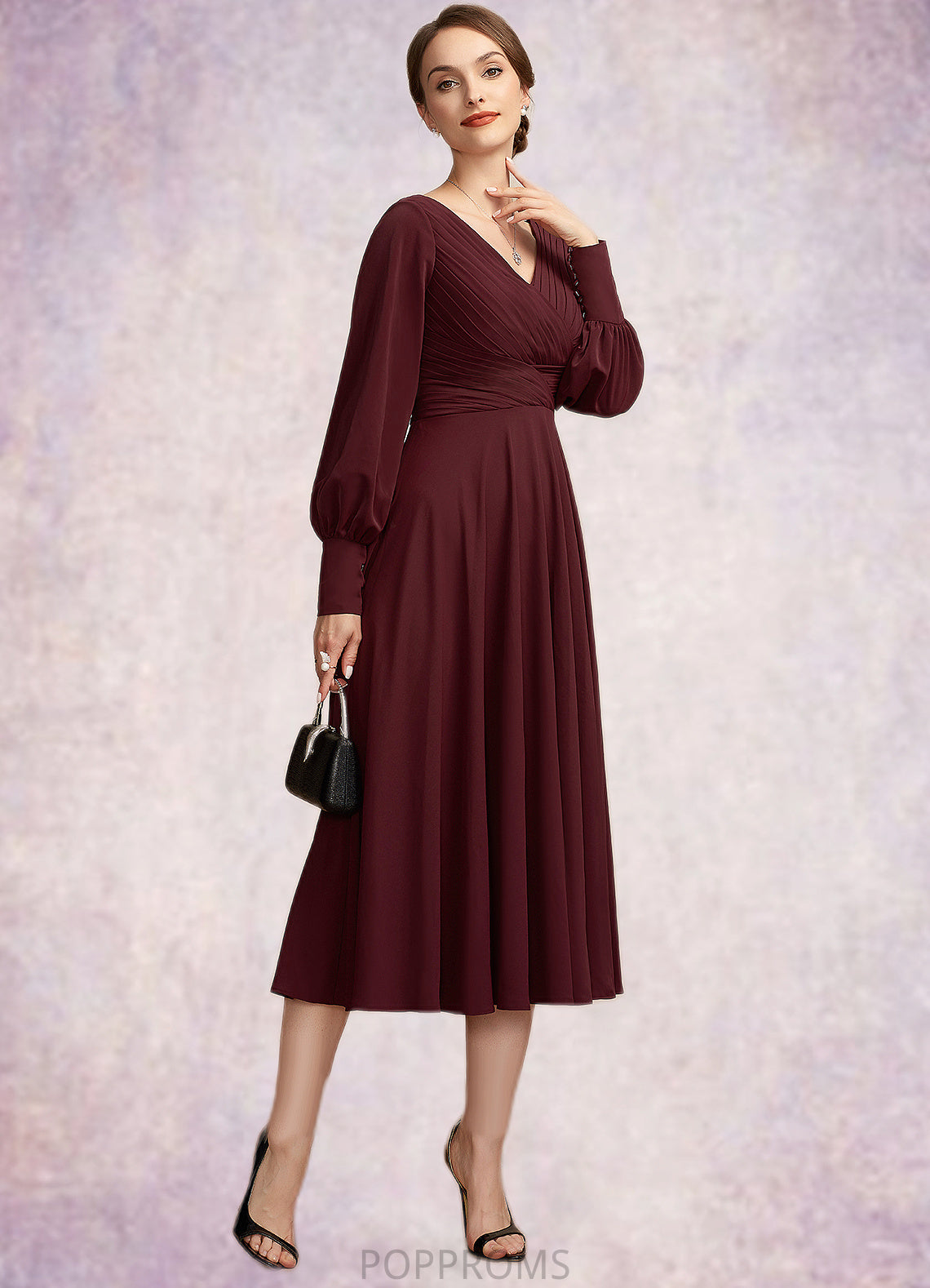 Vera A-Line V-neck Tea-Length Mother of the Bride Dress With Ruffle PP6126P0014948