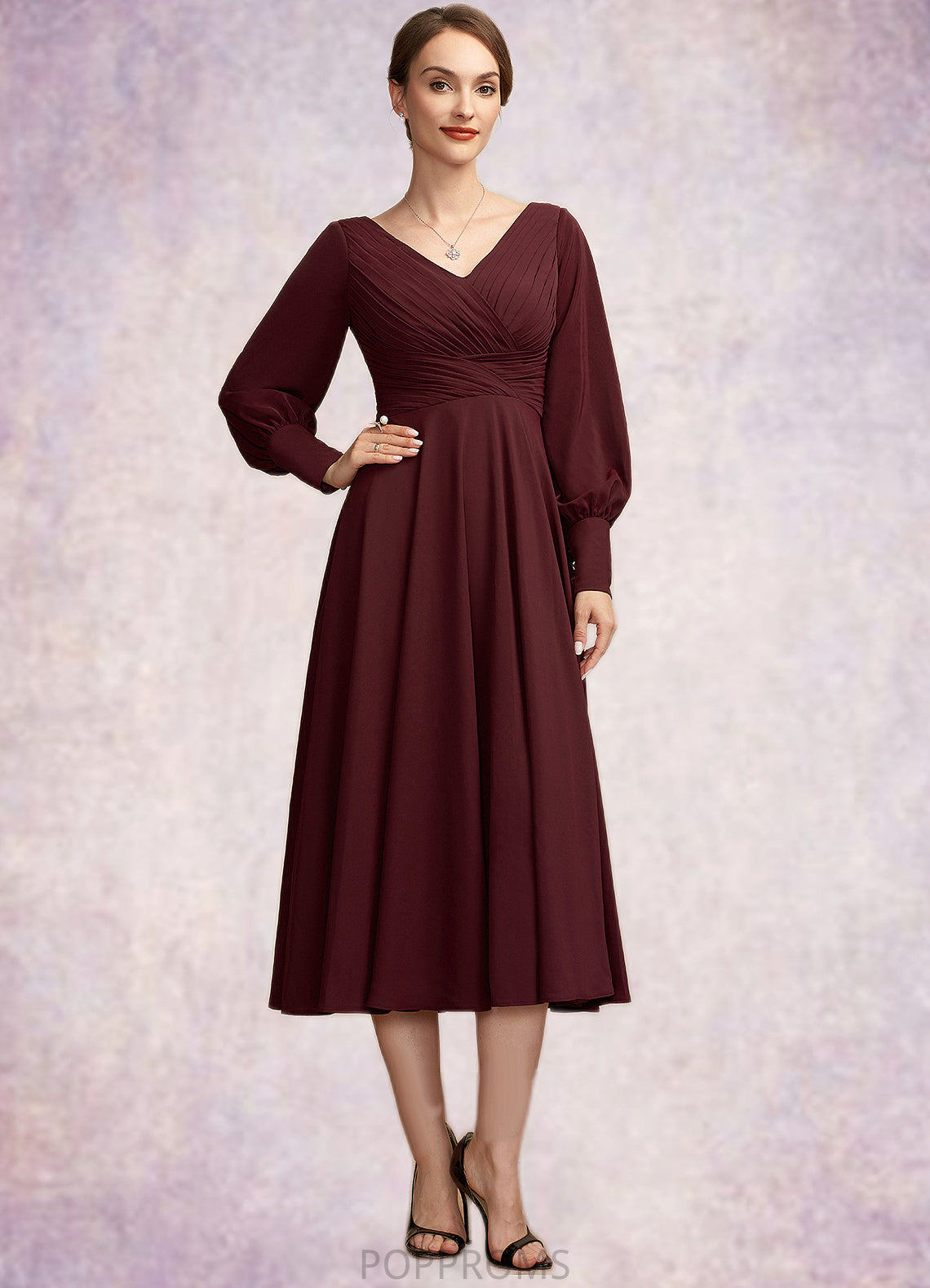 Vera A-Line V-neck Tea-Length Mother of the Bride Dress With Ruffle PP6126P0014948