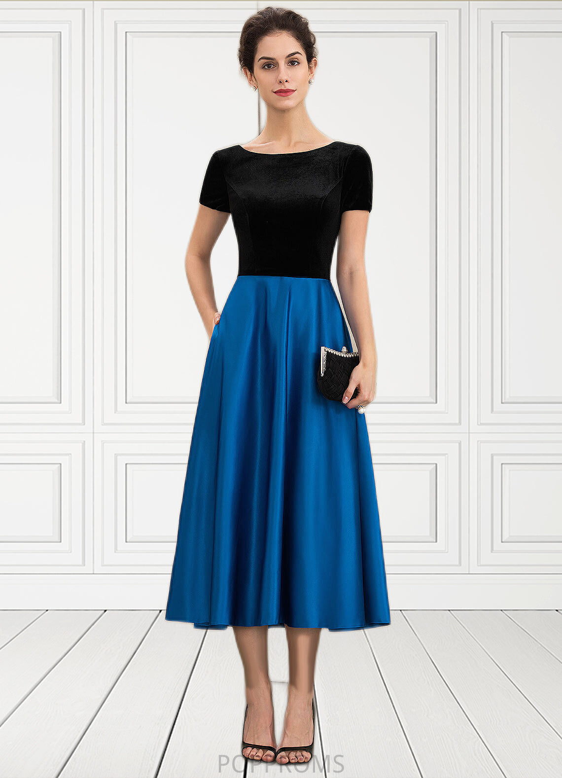 Tara A-Line Scoop Neck Tea-Length Satin Velvet Mother of the Bride Dress With Pockets PP6126P0014950