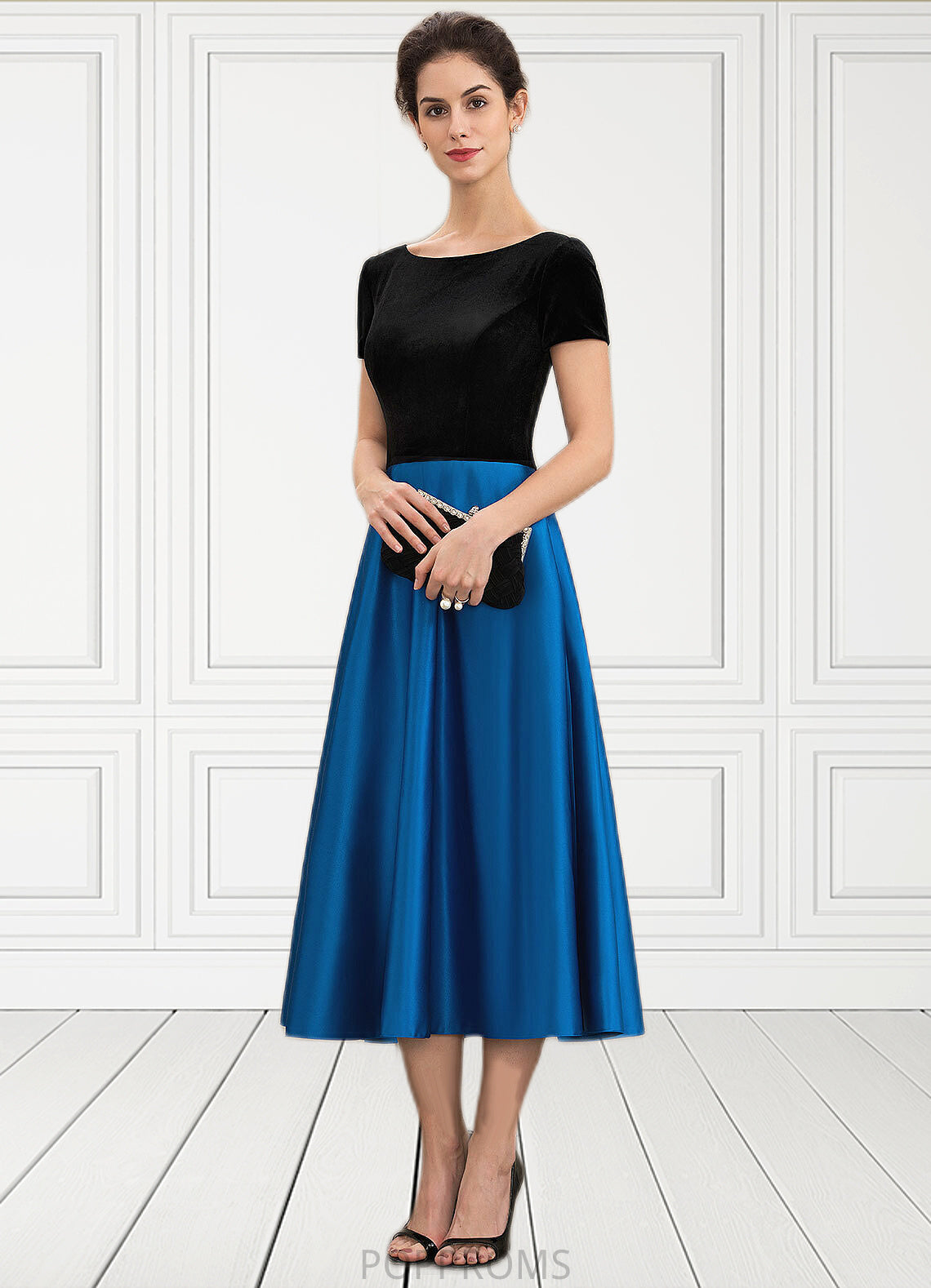 Tara A-Line Scoop Neck Tea-Length Satin Velvet Mother of the Bride Dress With Pockets PP6126P0014950