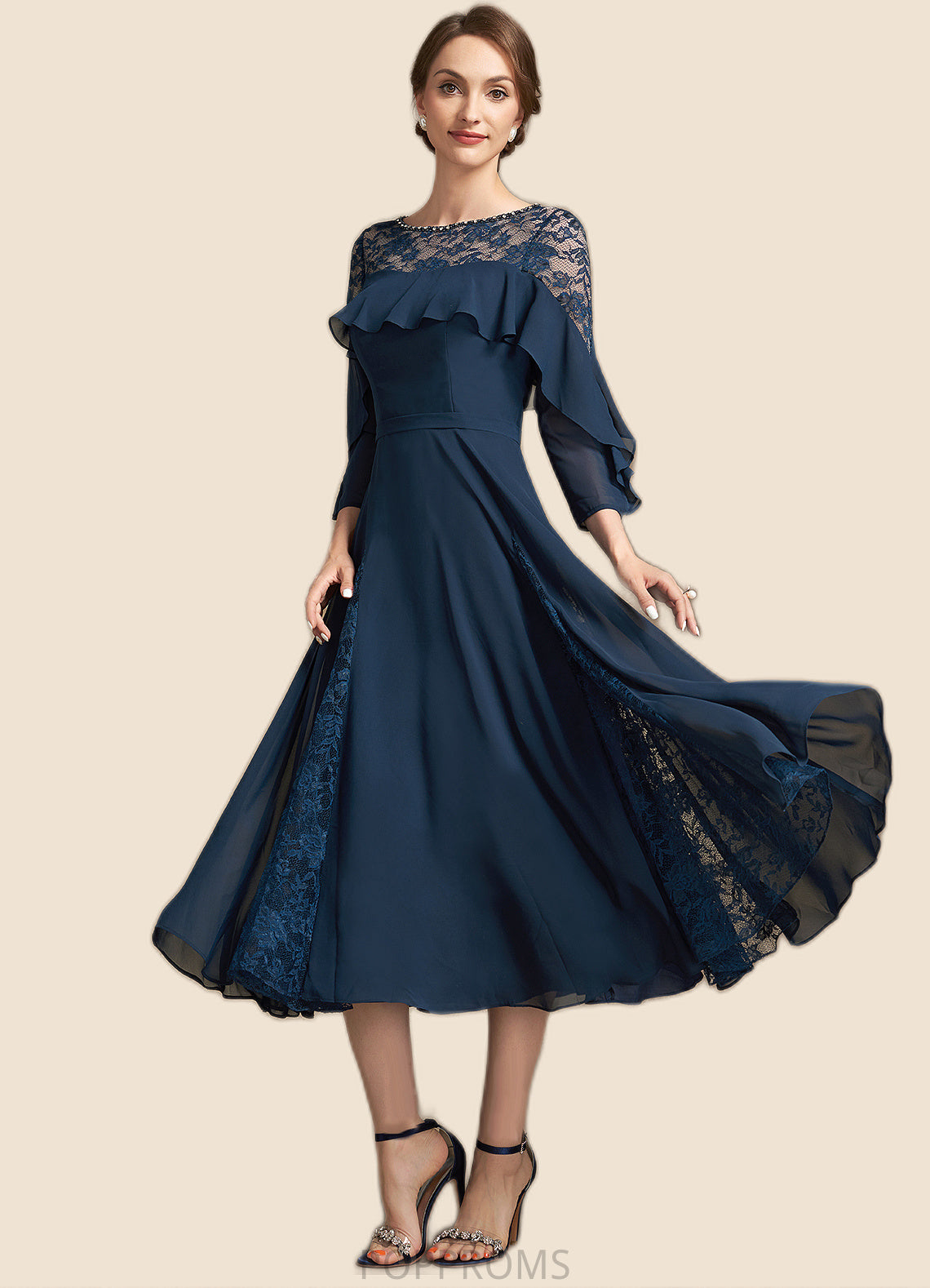 Lydia A-Line Scoop Neck Tea-Length Chiffon Lace Mother of the Bride Dress With Beading Cascading Ruffles PP6126P0014952