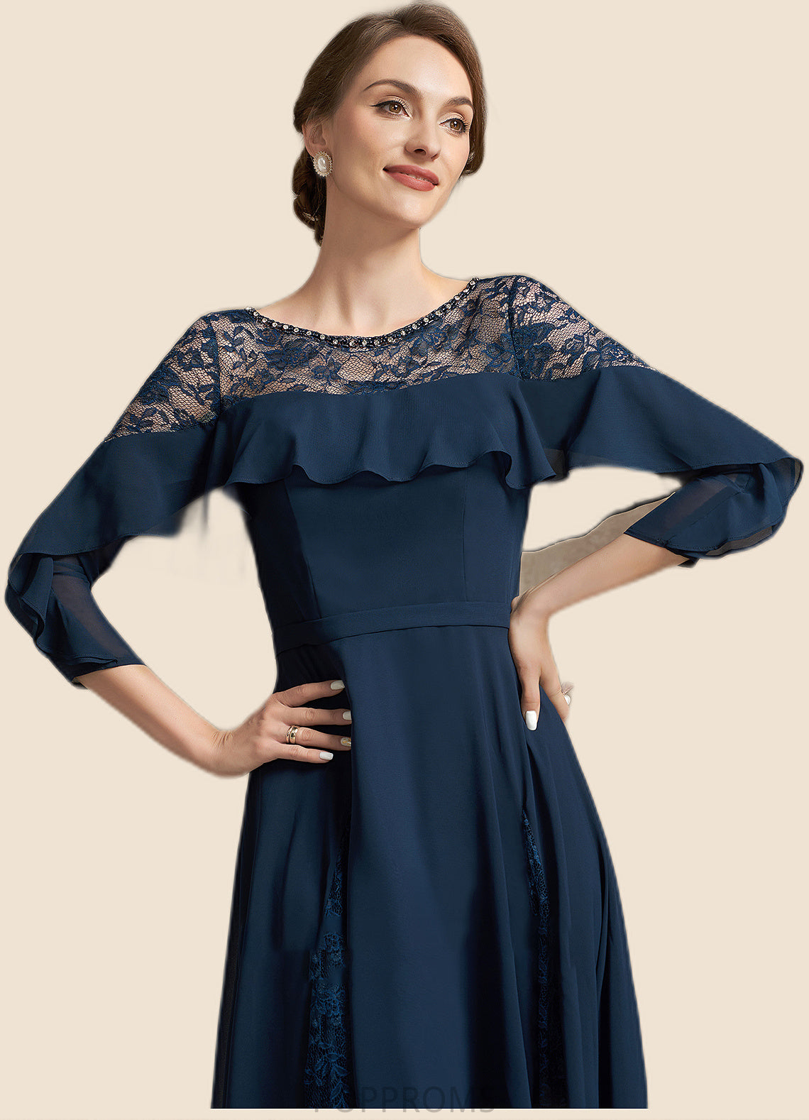 Lydia A-Line Scoop Neck Tea-Length Chiffon Lace Mother of the Bride Dress With Beading Cascading Ruffles PP6126P0014952