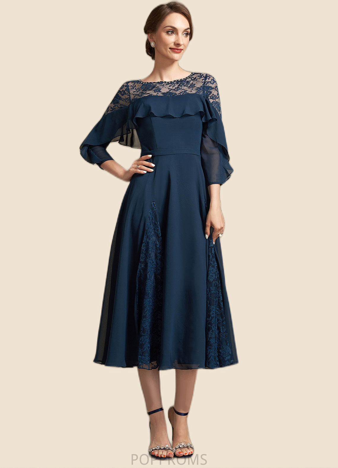 Lydia A-Line Scoop Neck Tea-Length Chiffon Lace Mother of the Bride Dress With Beading Cascading Ruffles PP6126P0014952