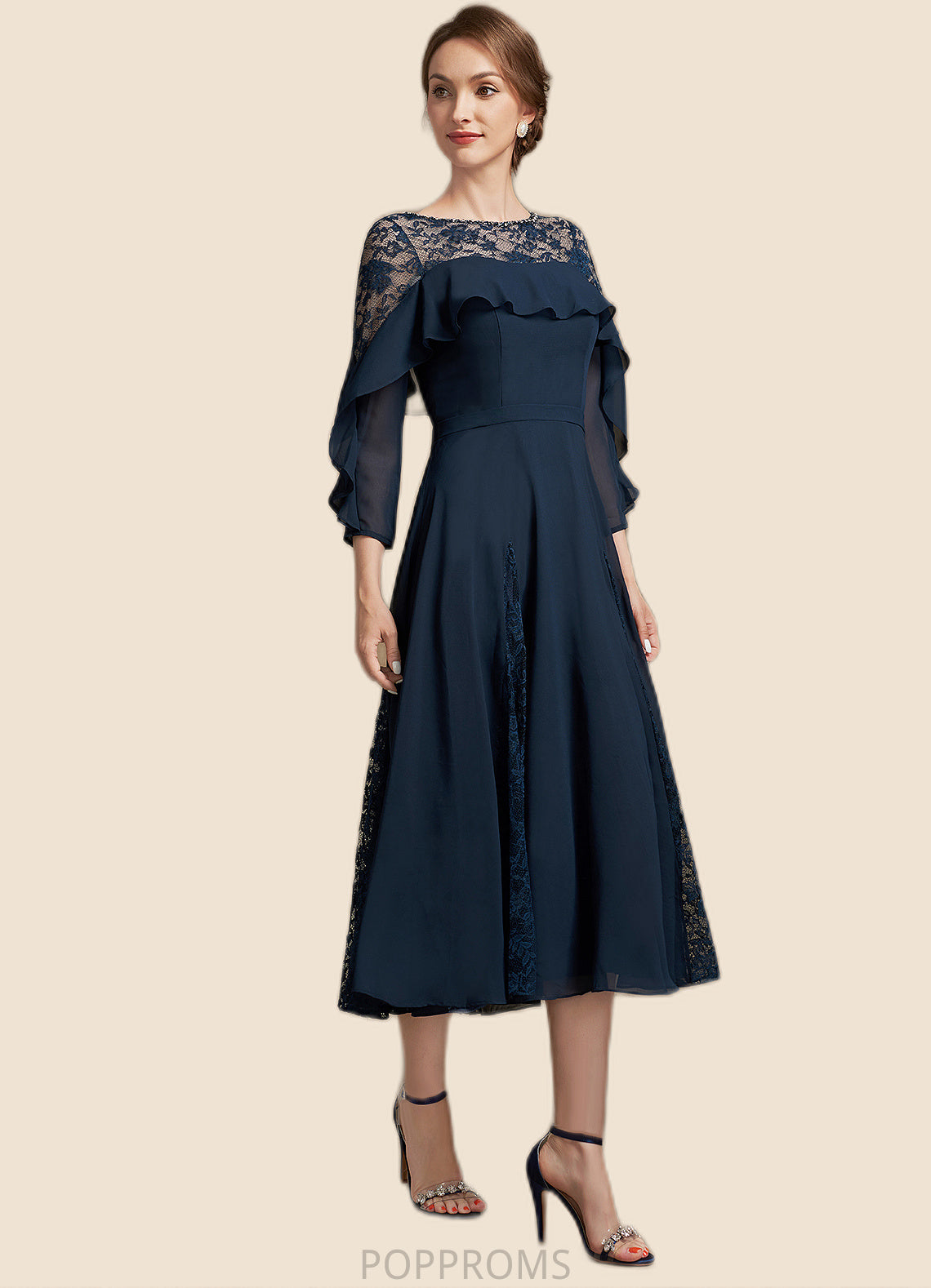 Lydia A-Line Scoop Neck Tea-Length Chiffon Lace Mother of the Bride Dress With Beading Cascading Ruffles PP6126P0014952