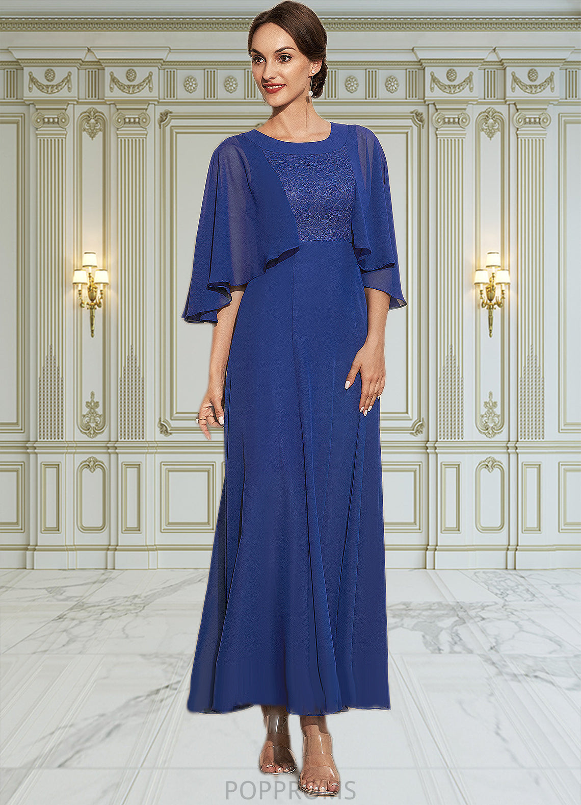 Dalia A-Line Scoop Neck Ankle-Length Chiffon Lace Mother of the Bride Dress PP6126P0014953