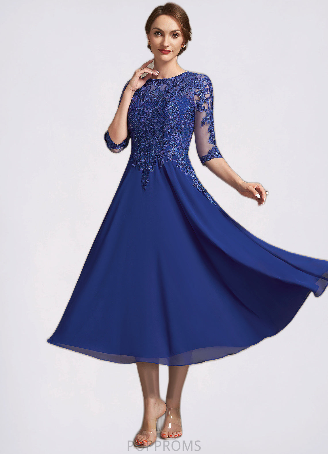 Janiah A-Line Scoop Neck Tea-Length Chiffon Lace Mother of the Bride Dress With Sequins PP6126P0014959