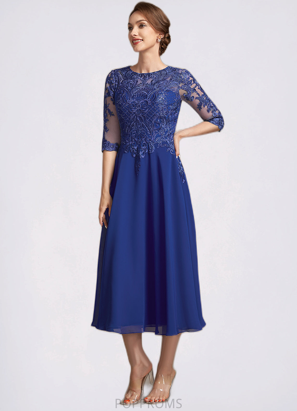 Janiah A-Line Scoop Neck Tea-Length Chiffon Lace Mother of the Bride Dress With Sequins PP6126P0014959