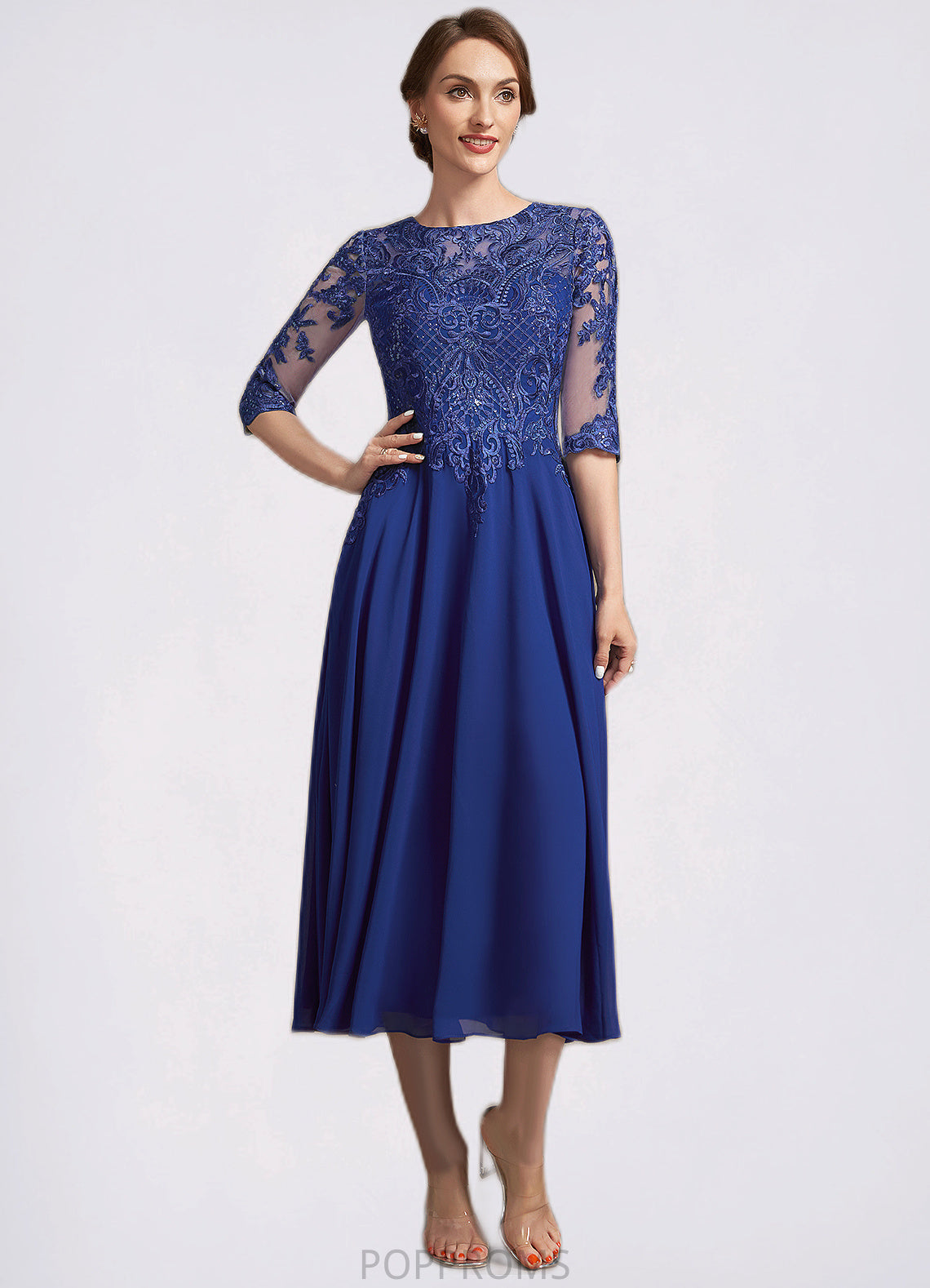 Janiah A-Line Scoop Neck Tea-Length Chiffon Lace Mother of the Bride Dress With Sequins PP6126P0014959