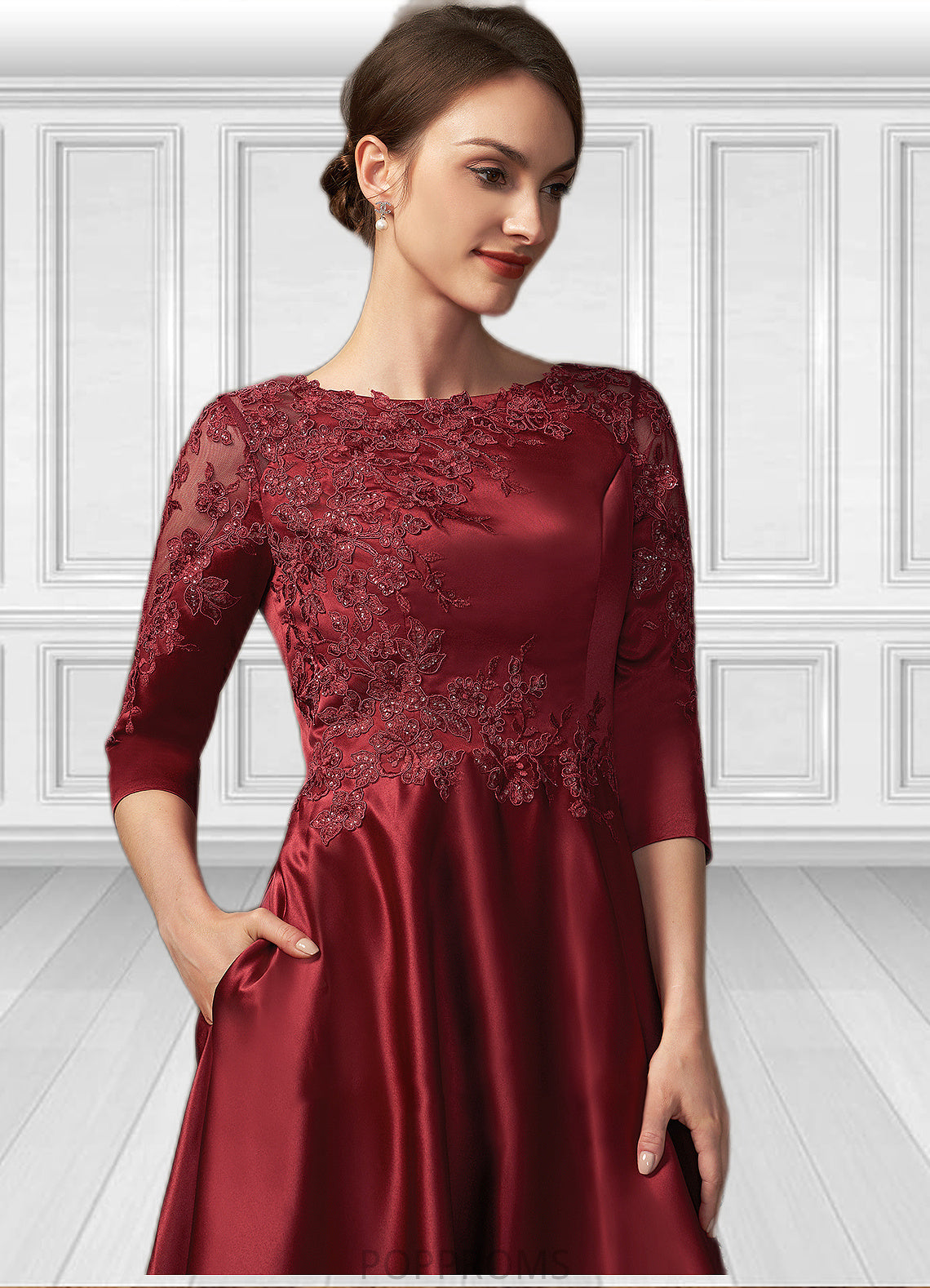 Kiera A-Line Scoop Neck Asymmetrical Satin Lace Mother of the Bride Dress With Sequins Pockets PP6126P0014962