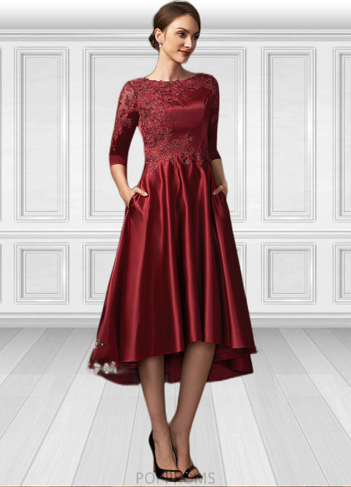 Kiera A-Line Scoop Neck Asymmetrical Satin Lace Mother of the Bride Dress With Sequins Pockets PP6126P0014962