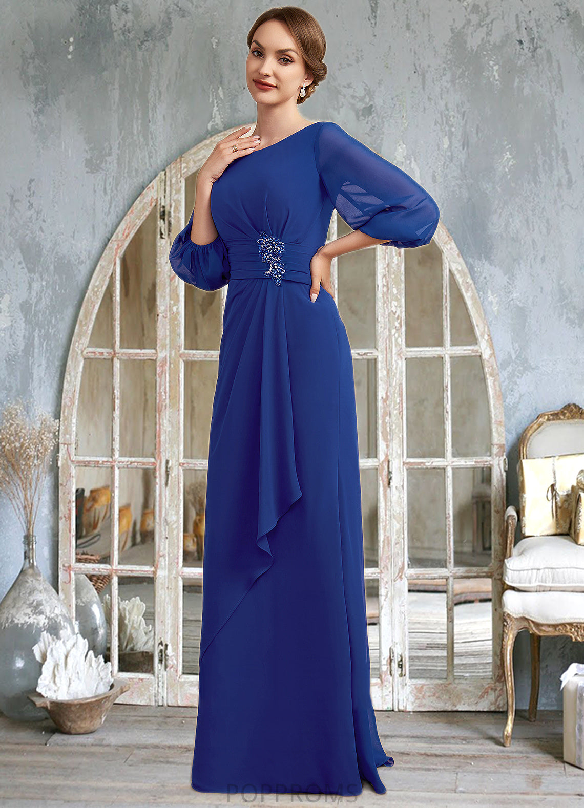 Jamya A-Line Scoop Neck Floor-Length Chiffon Mother of the Bride Dress With Ruffle Beading PP6126P0014963