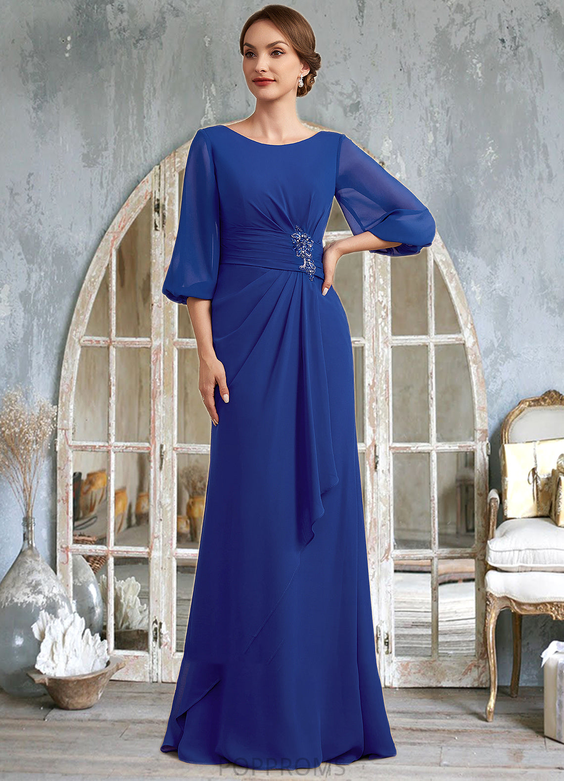 Jamya A-Line Scoop Neck Floor-Length Chiffon Mother of the Bride Dress With Ruffle Beading PP6126P0014963