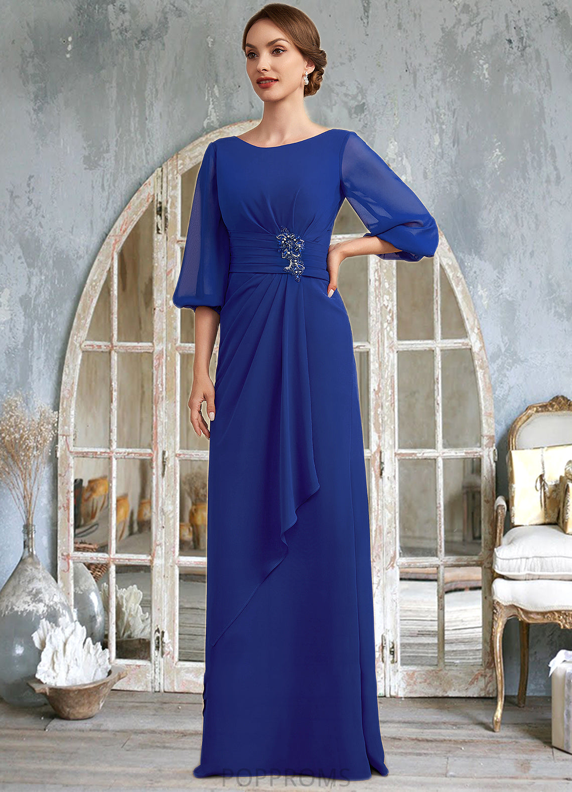 Jamya A-Line Scoop Neck Floor-Length Chiffon Mother of the Bride Dress With Ruffle Beading PP6126P0014963