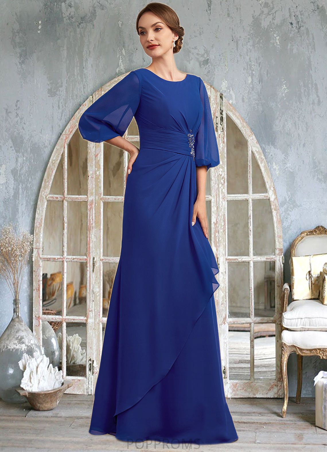 Jamya A-Line Scoop Neck Floor-Length Chiffon Mother of the Bride Dress With Ruffle Beading PP6126P0014963