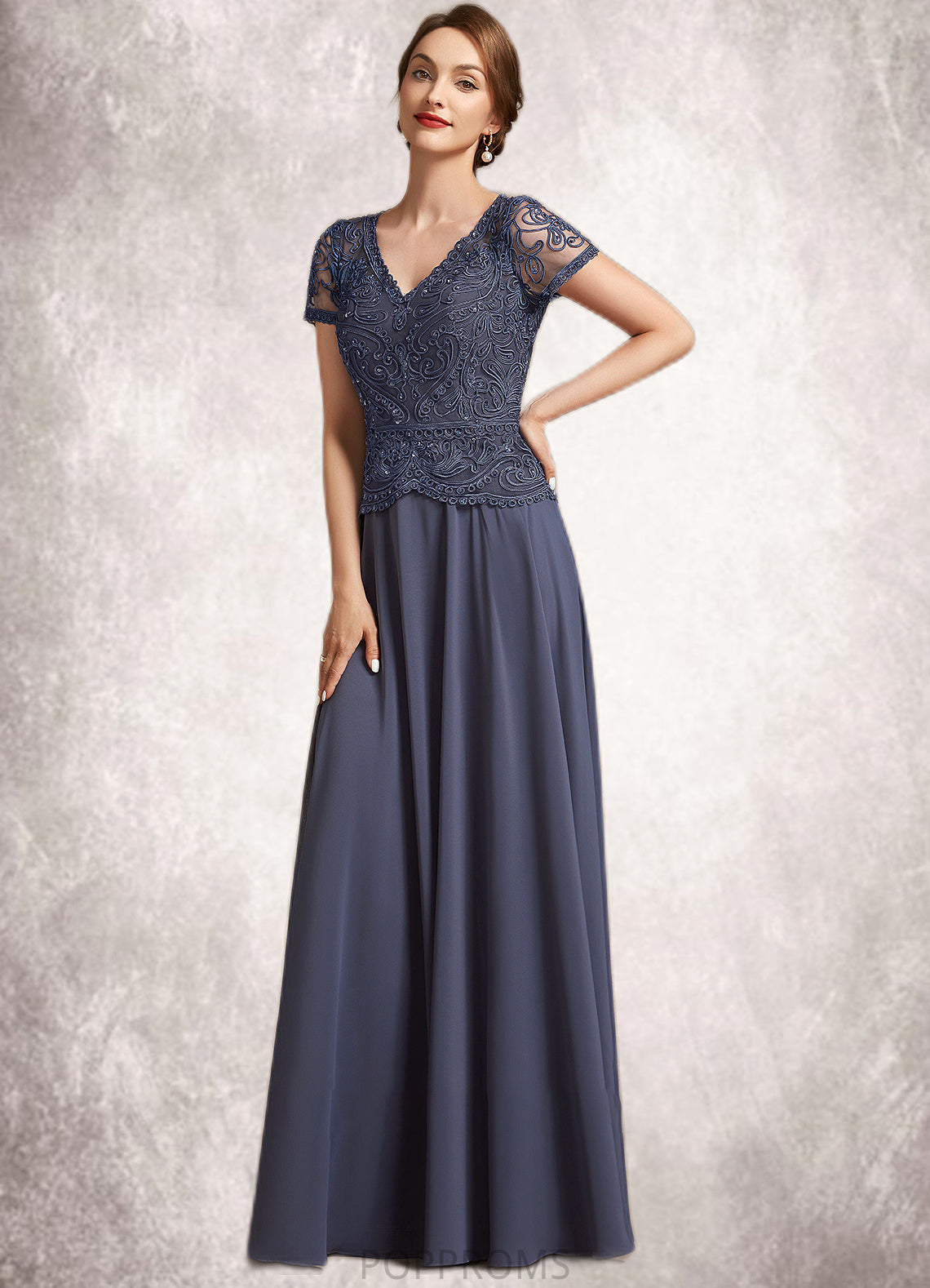 Elizabeth A-Line V-neck Floor-Length Chiffon Lace Mother of the Bride Dress With Sequins PP6126P0014964