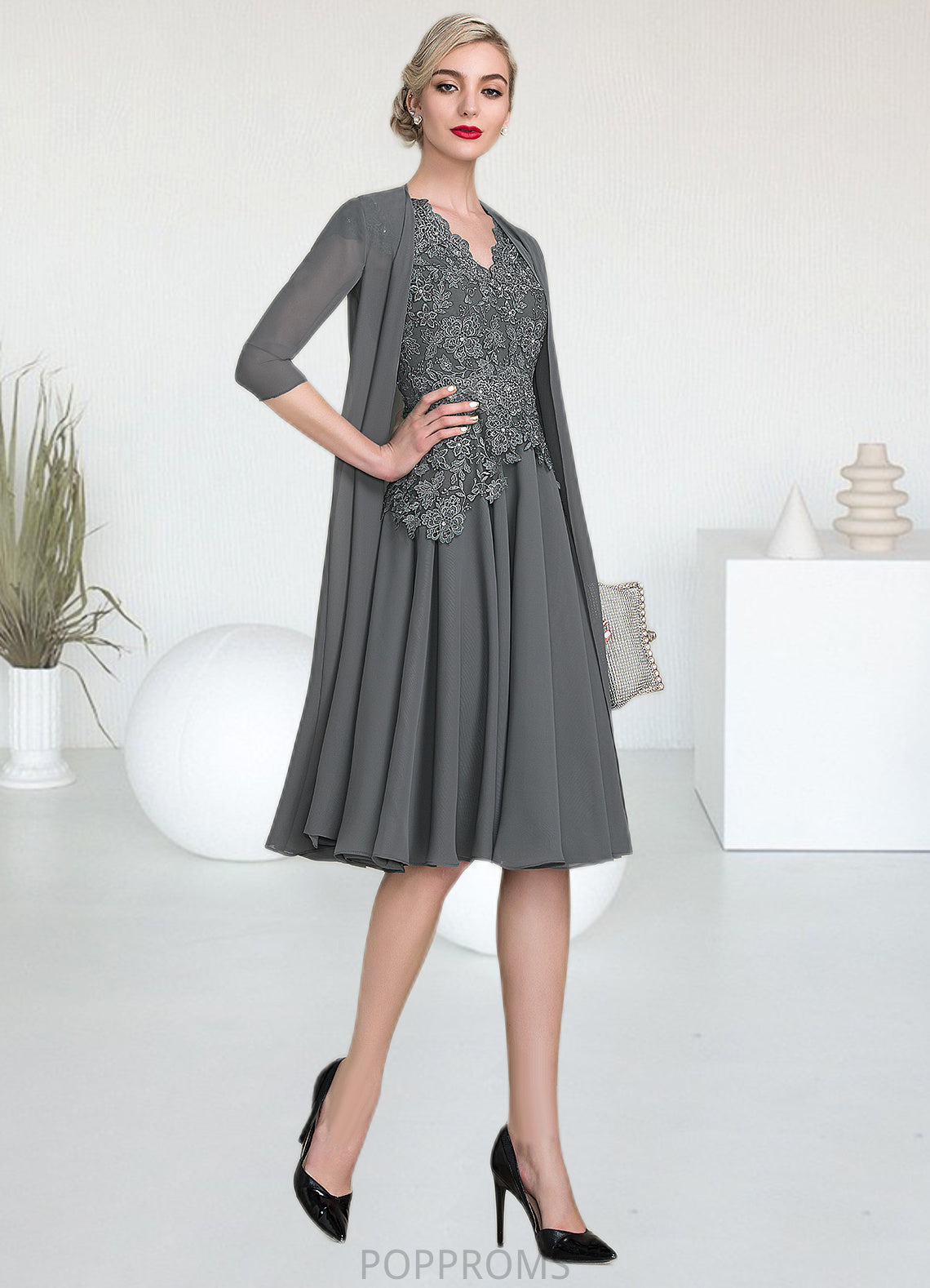 Judith A-Line V-neck Knee-Length Mother of the Bride Dress With Beading PP6126P0014965