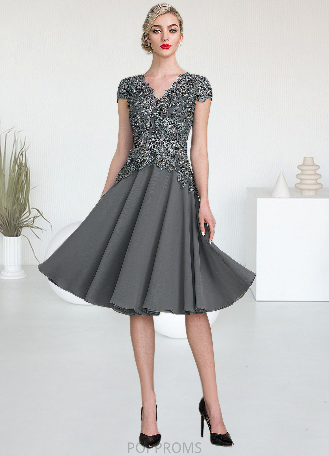 Judith A-Line V-neck Knee-Length Mother of the Bride Dress With Beading PP6126P0014965