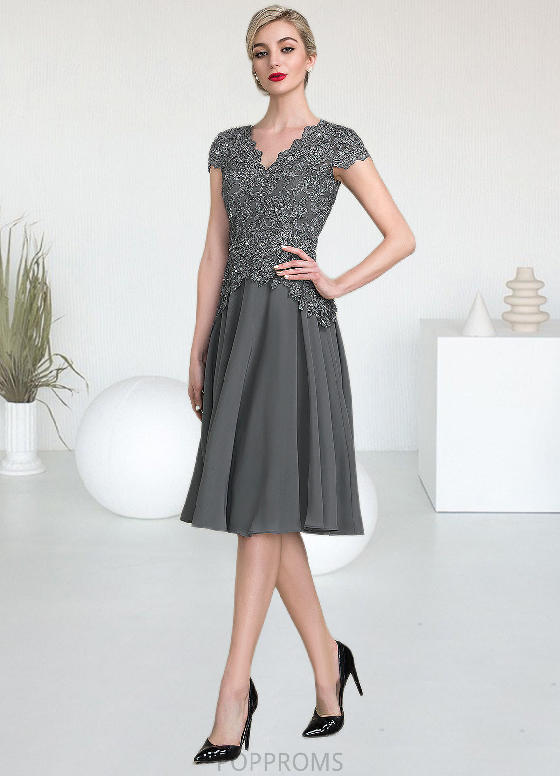 Judith A-Line V-neck Knee-Length Mother of the Bride Dress With Beading PP6126P0014965