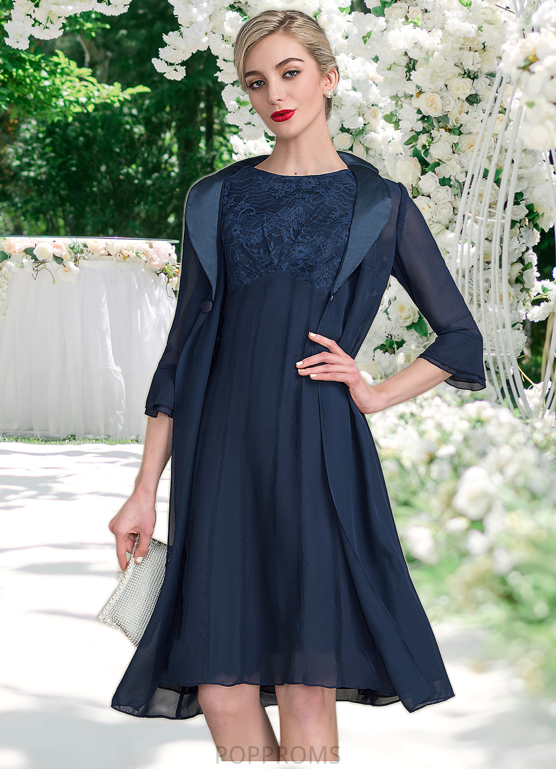 Hilary A-Line Scoop Neck Knee-Length Chiffon Lace Mother of the Bride Dress With Ruffle PP6126P0014966