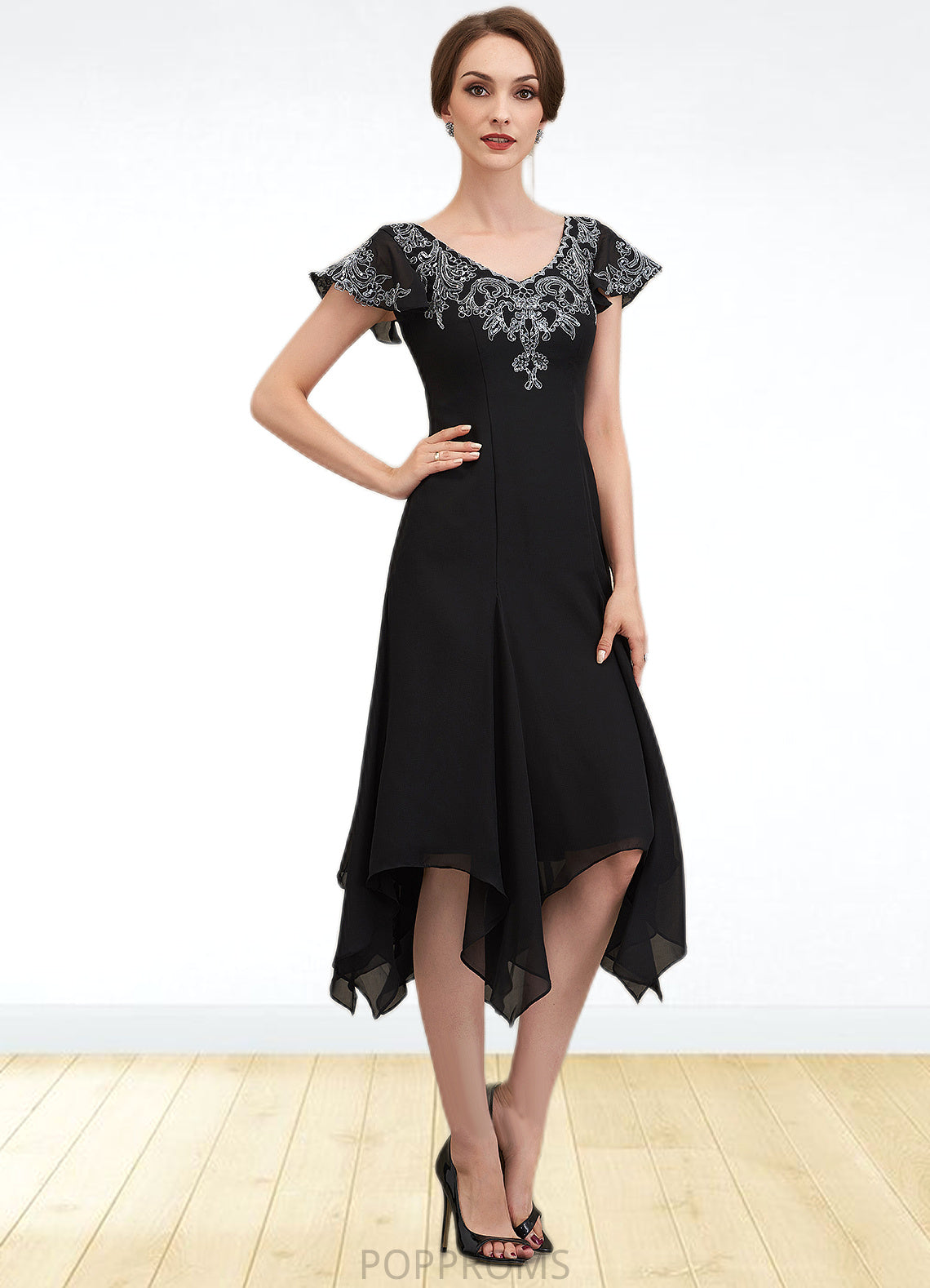 Krystal A-Line V-neck Tea-Length Chiffon Lace Mother of the Bride Dress With Sequins PP6126P0014967