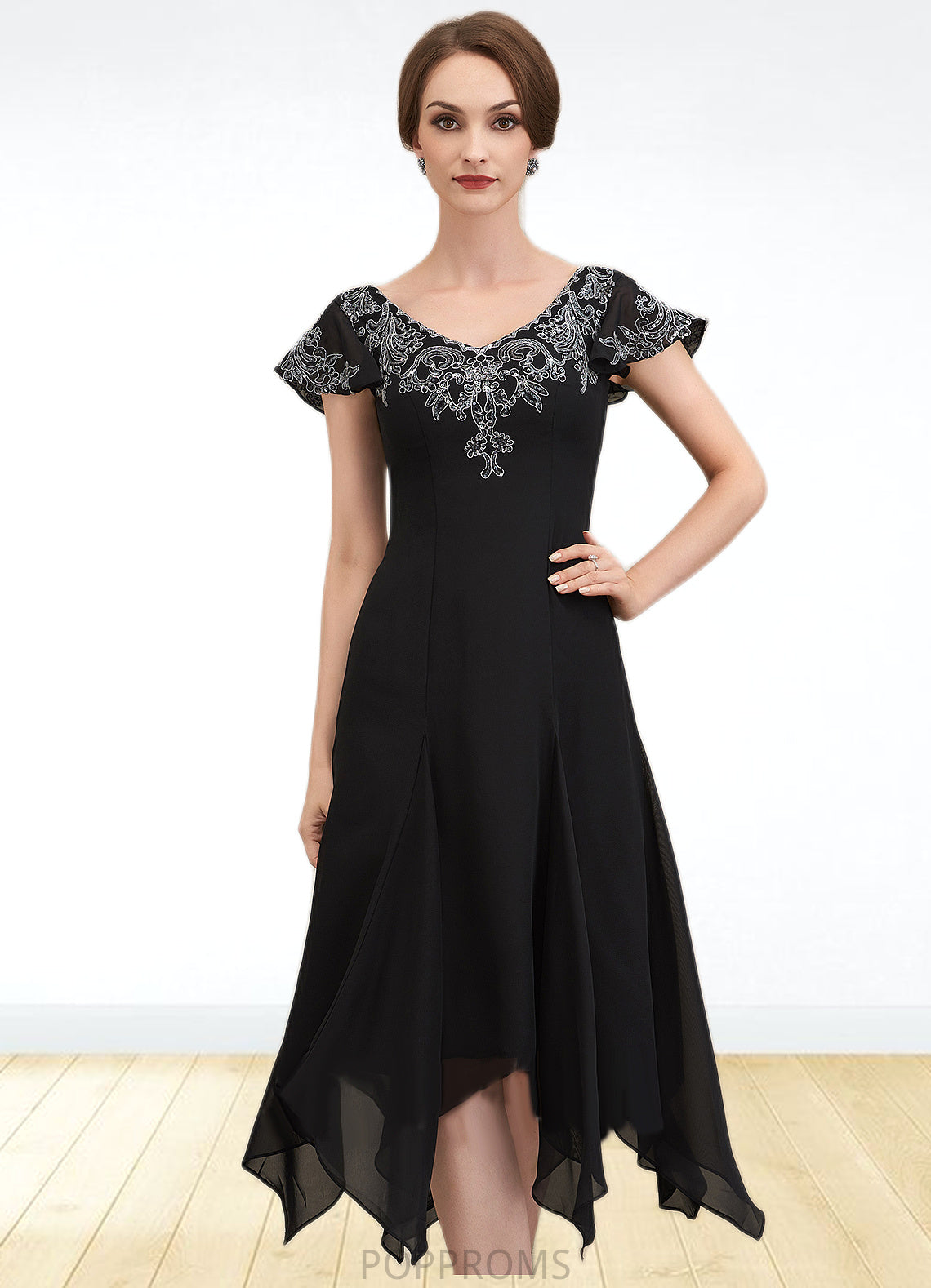 Krystal A-Line V-neck Tea-Length Chiffon Lace Mother of the Bride Dress With Sequins PP6126P0014967